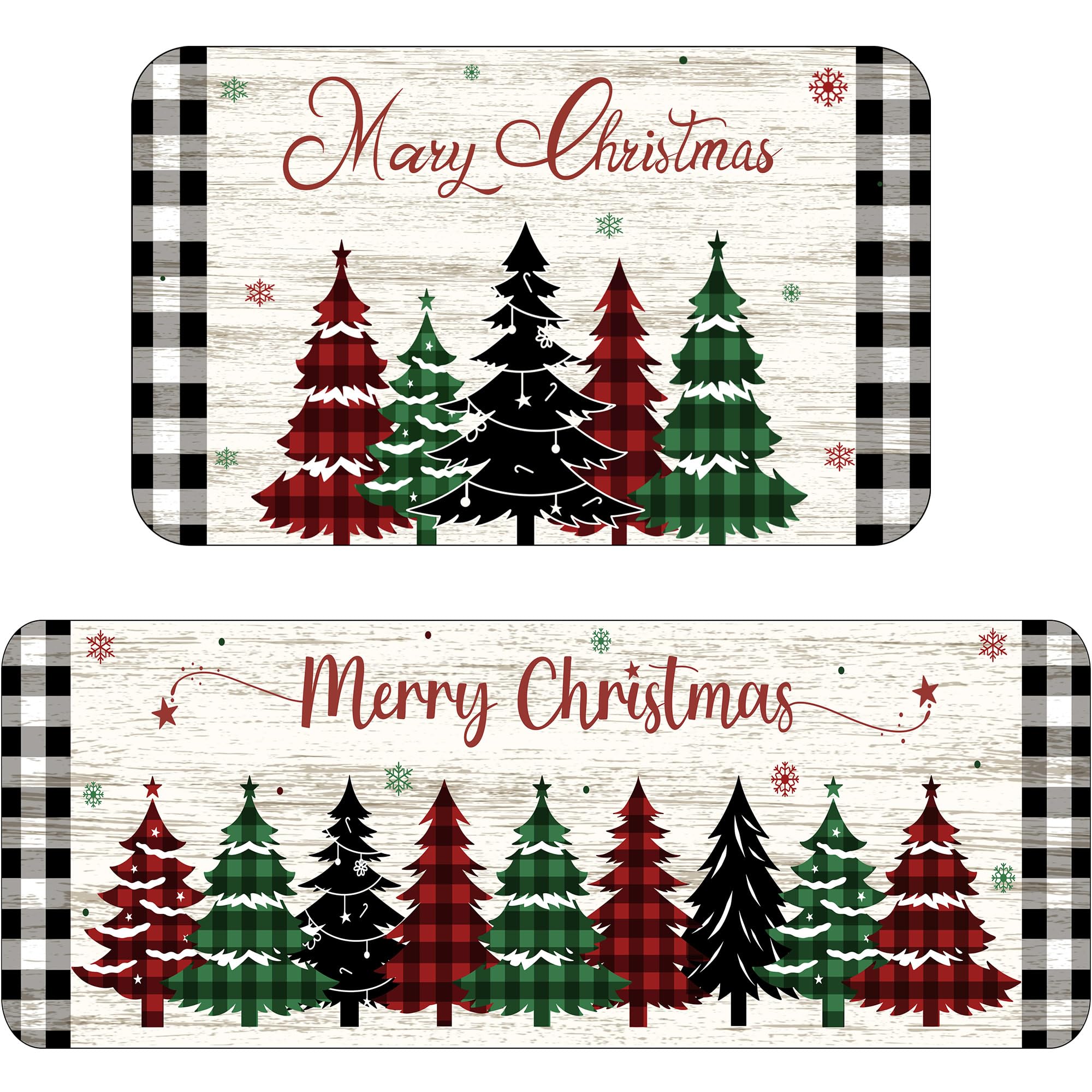 EUVBOKW Buffalo Plaid Christmas Tree Kitchen Rugs Set of 2 Merry Christmas Winter Welcome Door Mat Anti-Slip with Rubber Backing Floor Mat for Xmas