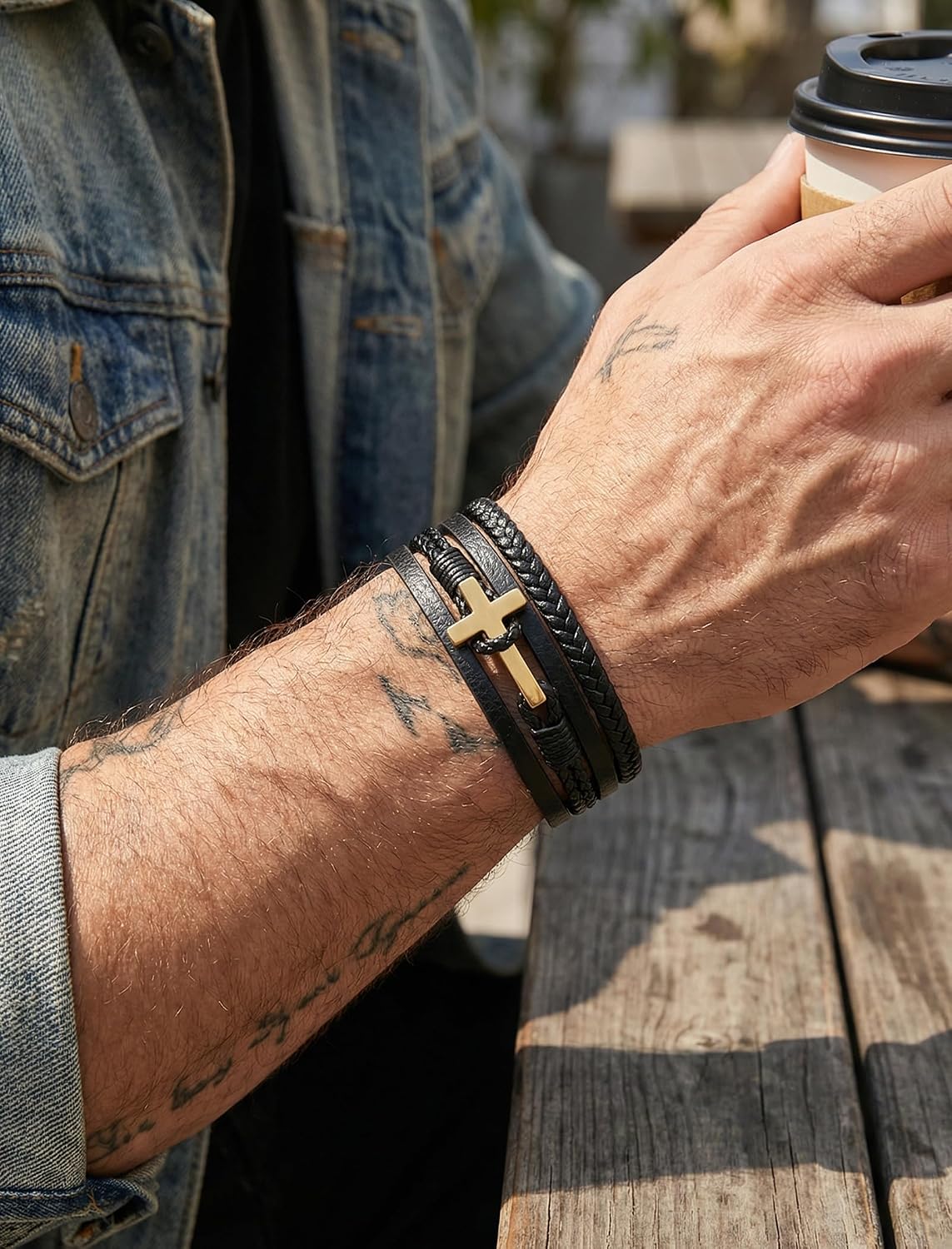 Mens Leather Bracelet, Cross Leather Wristband - Genuine Leather & Stainless Steel Multi Layer Cuff - Christian Faith Jewelry Gifts for Men, Husband, Father - Secure Clasp
