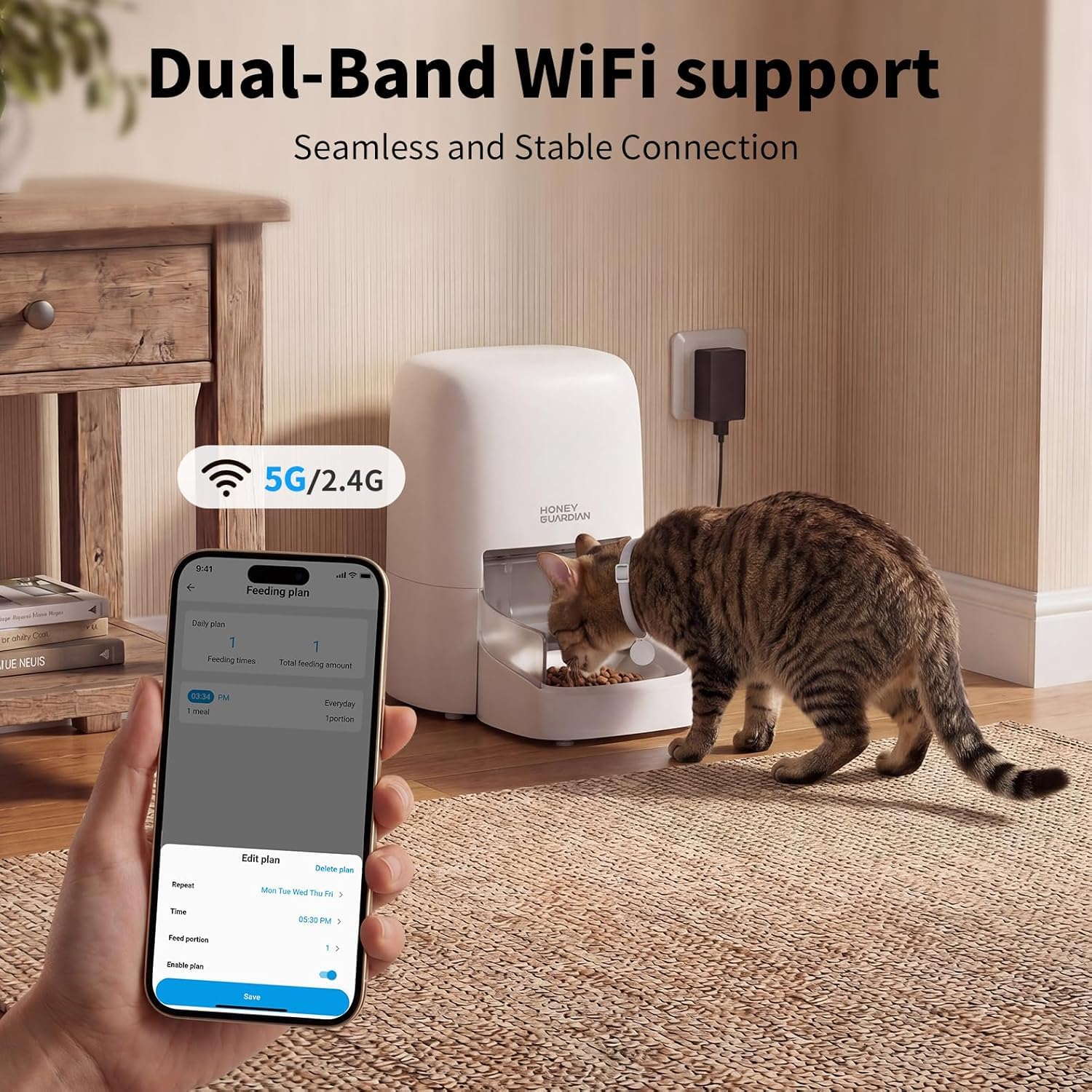 HoneyGuaridan RFID 5G WiFi Distributore Automatico Cibo Gatti, 4.6L Dispenser Crocchette Gatto con Pasti Personalizzati Attivati dal Collare, Monitoraggio Dietetico e Antifurto, Ciotola in Ceramica