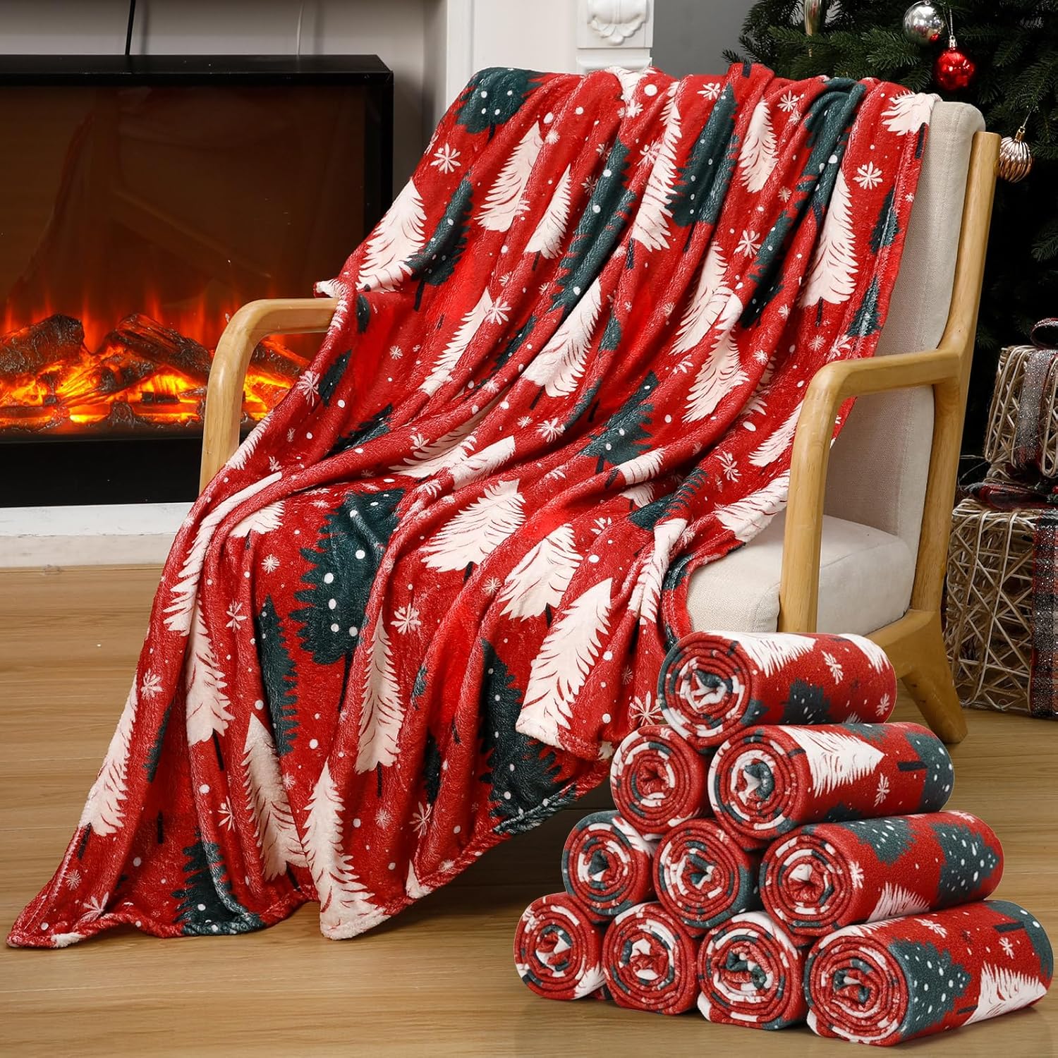 Tranqun 10 Pcs Christmas Tree Flannel Throw Blankets, 50" x 60" Christmas Tree Fleece Blanket Bulk, Red Green Xmas Sofa Fuzzy Blanket for Cozy Sofa Couch Xmas Office Gift Decor