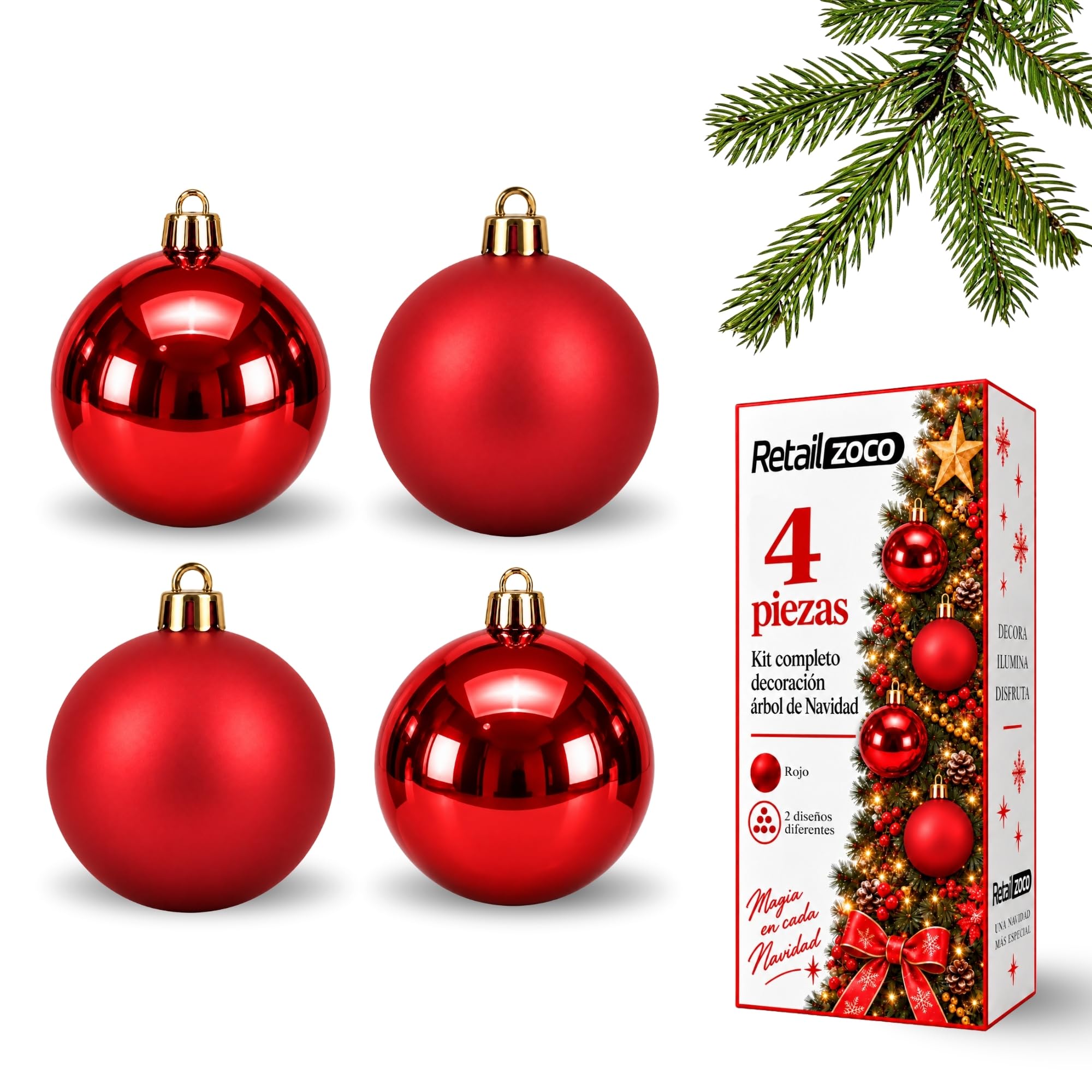 Bolas de Navidad, Adornos Arbol Navidad (Rojo, 4 Piezas) - imagen 1