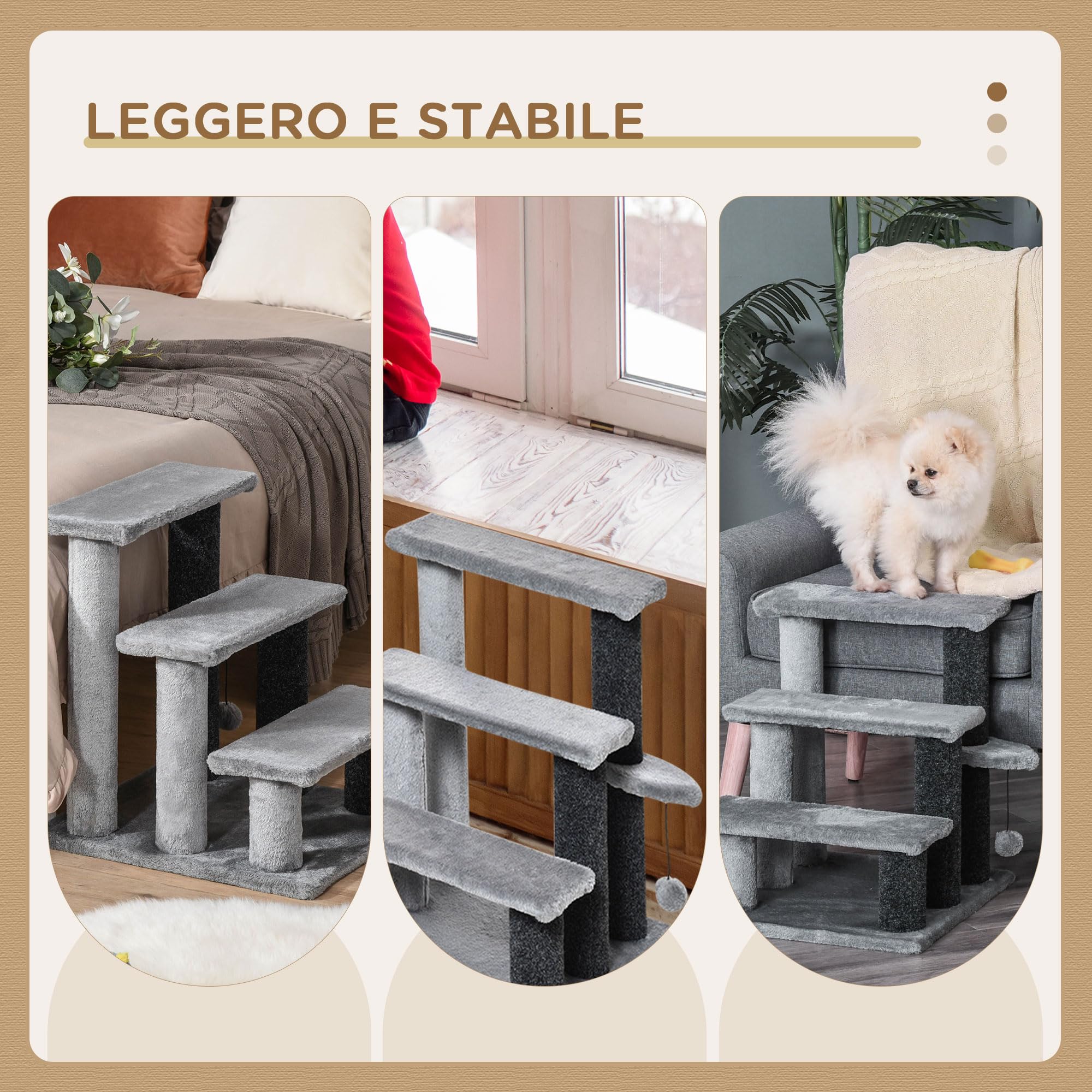 PawHut Scaletta per Gatti a 3 Gradini con Rivestimento in Flanella, Scala per Gatto e Animali Domestici Antiscivolo con Pallina, 45x40x48cm, Grigio