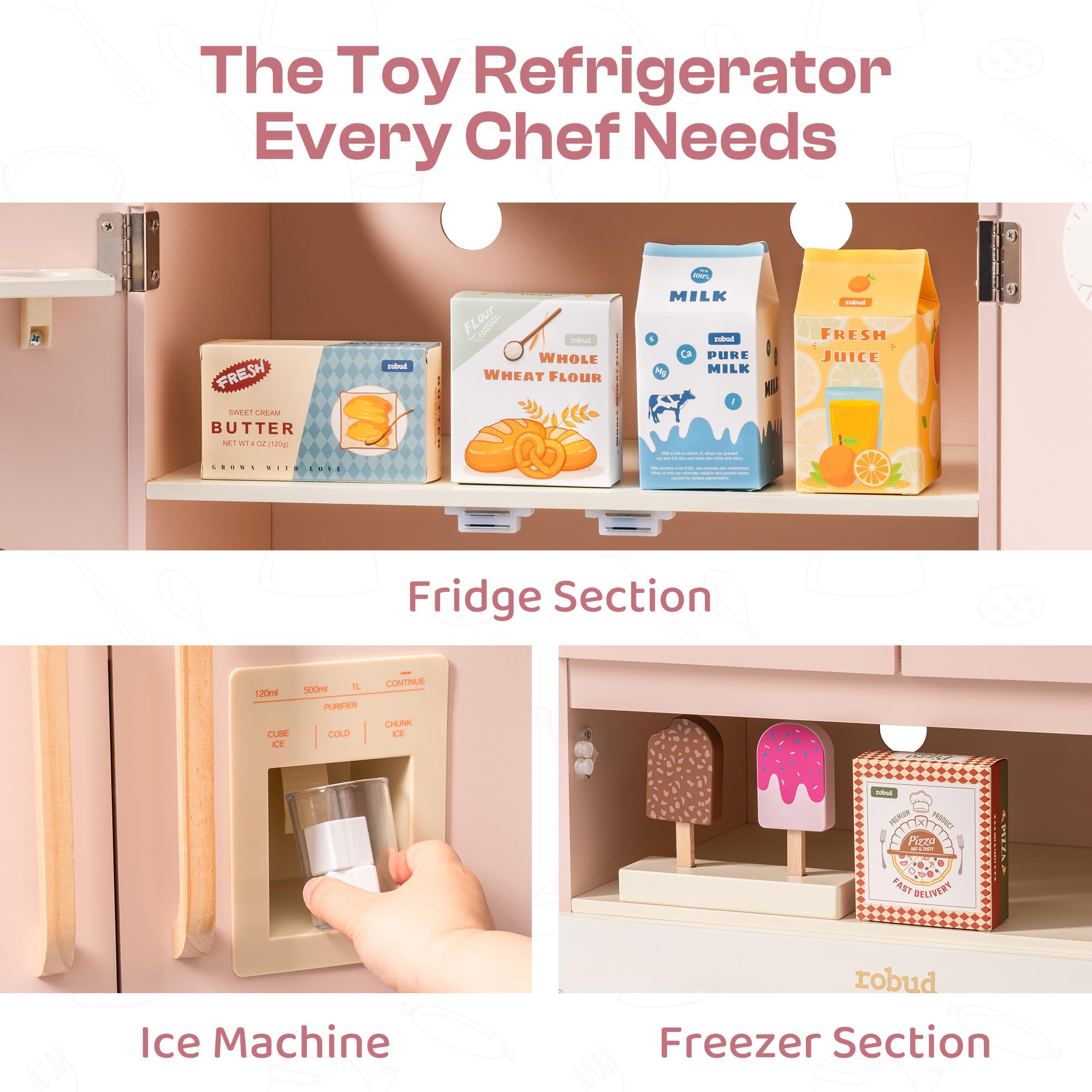 ROBUD Réfrigérateur en Bois - Réaliste et interactif avec Machine à glaçons et Jouets Alimentaires - Convient aux Enfants à partir de 3 Ans - Rose