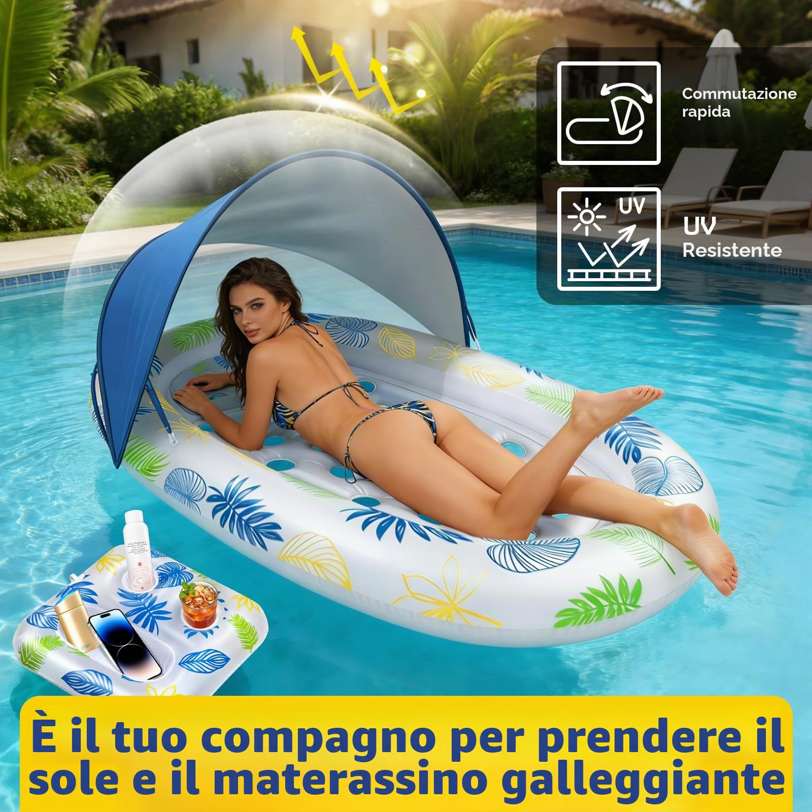 JONRRYIN Materassino Gonfiabile Piscina 180×110cm, Lettino Abbronzante per Adulti con Tettuccio Parasole Rimovibile ed Effetti Luminosi per Piscina, Spiaggia e Lago