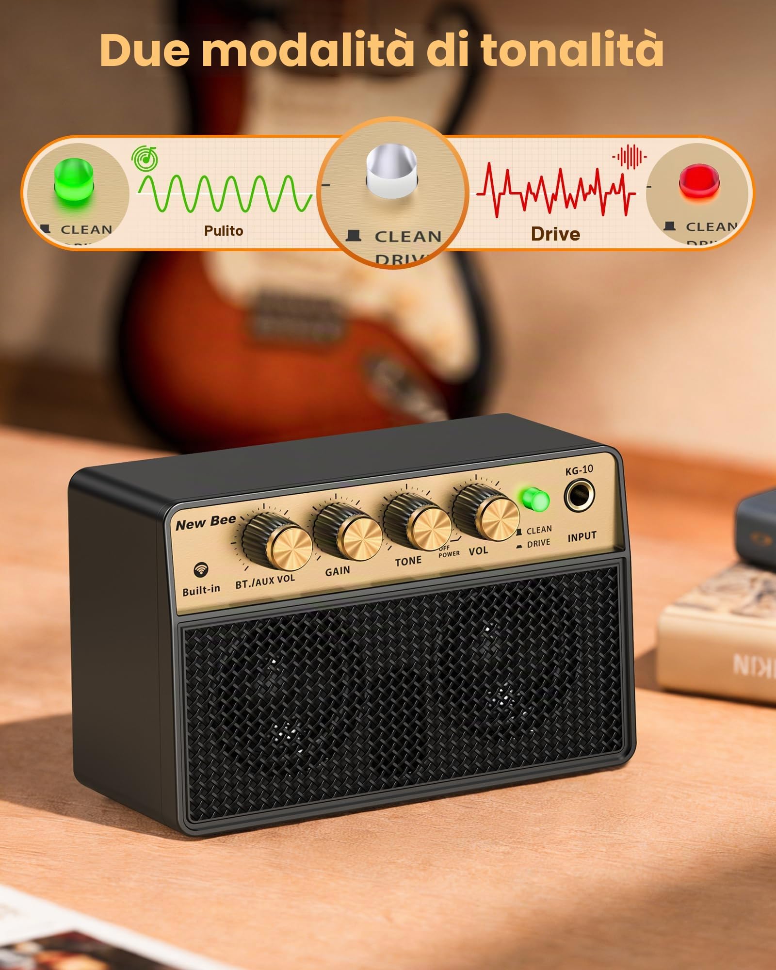 New Bee Amplificatore Chitarra Elettrica Portatile Ricaricabile 10W Mini Basso Elettrico Canale Clean & Drive 6,35mm