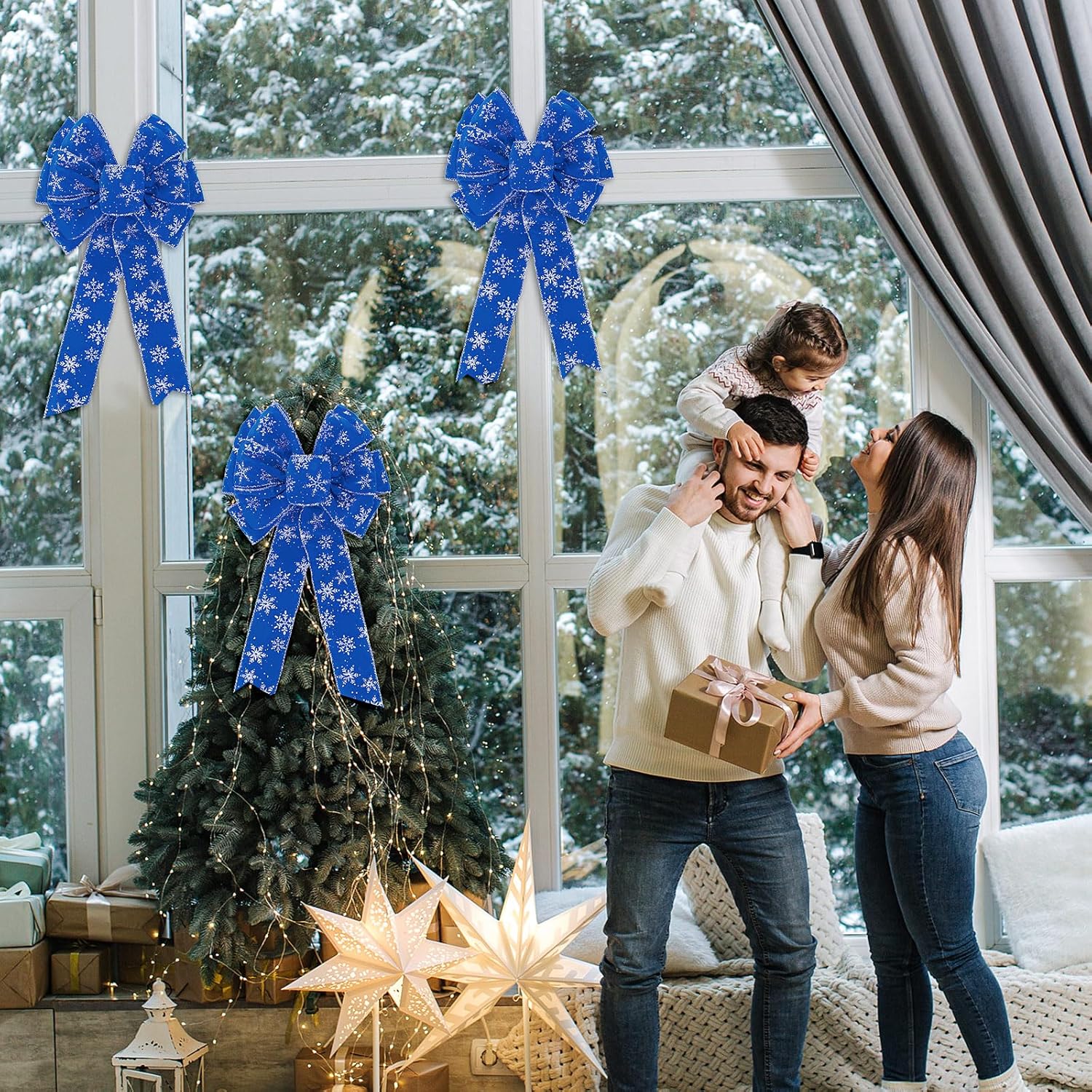 Unittype 6 Pcs Large Christmas Bow with Snowflake 10 x 20" Velvet Wired Ribbon Bows Christmas Tree Topper Bow Xmas Craft Bows for Wreath Xmas Party Indoor Outdoor Home Decoration(Velvet,Blue)
