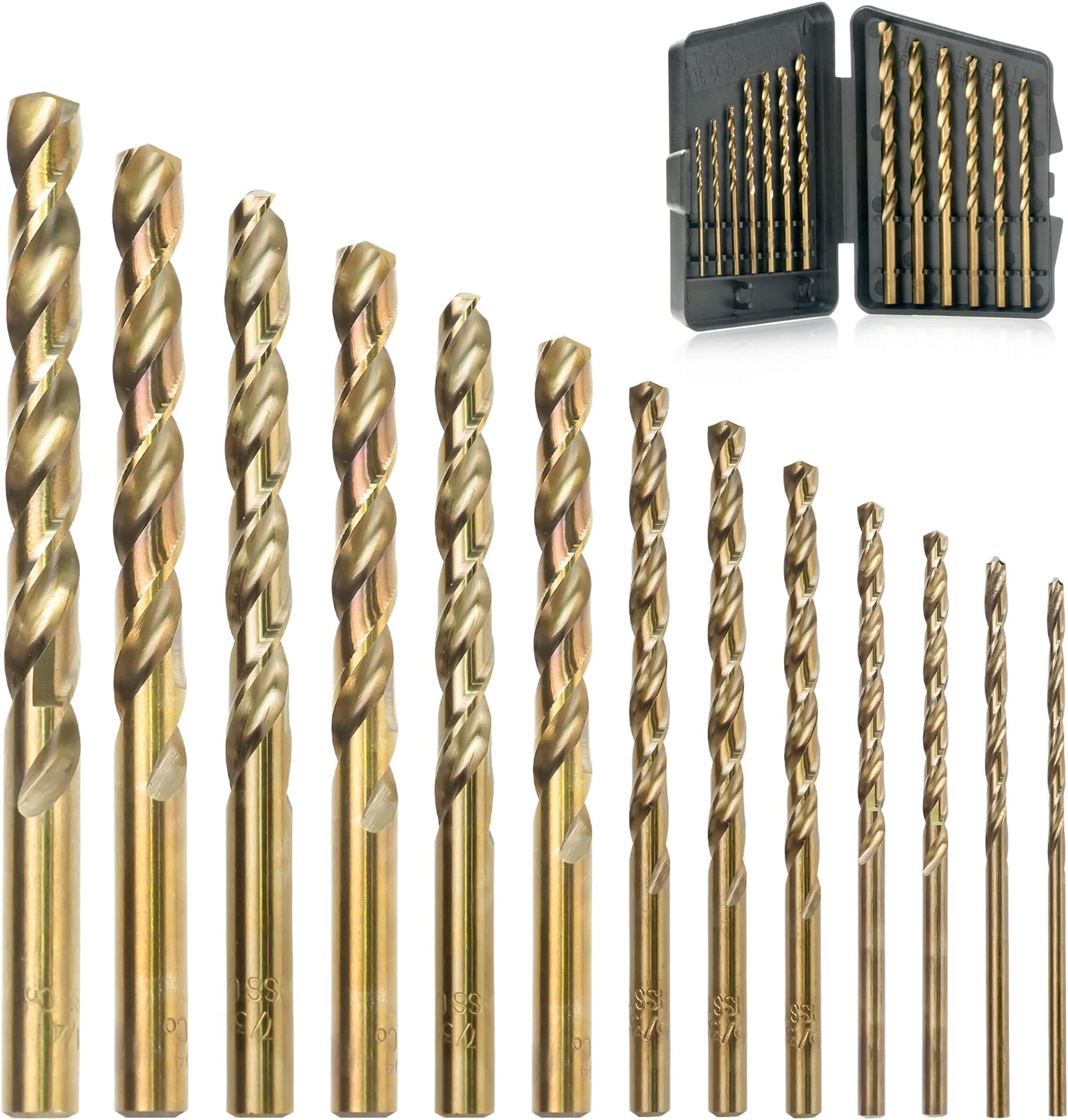 GMTOOLS 13Pcs Cobalt Drill Bits Set, M35 HSS, 135 Degree Tip, Twist Jobber Length Drill Bit Kit for Hardened Metal, Cast Iron, Stainless Steel, Plastic and Wood with Storage Case 1/16"-1/4"