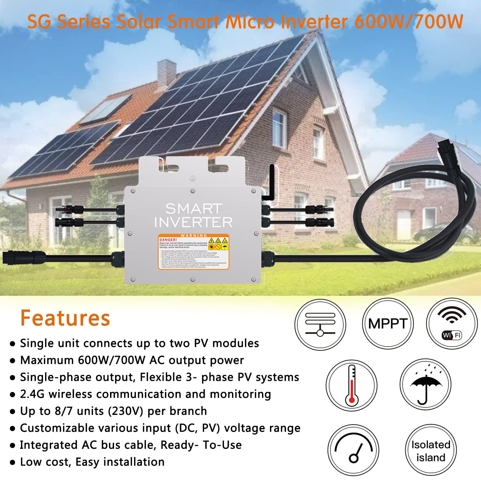 Inverter Di Rete,Micro Inverter Solare Impermeabile Ip65,Micro Inverter Per Rete Fotovoltaica Solare Mppt Ingresso Serie Sg 18-50V Uscita 120-230V,SG600W