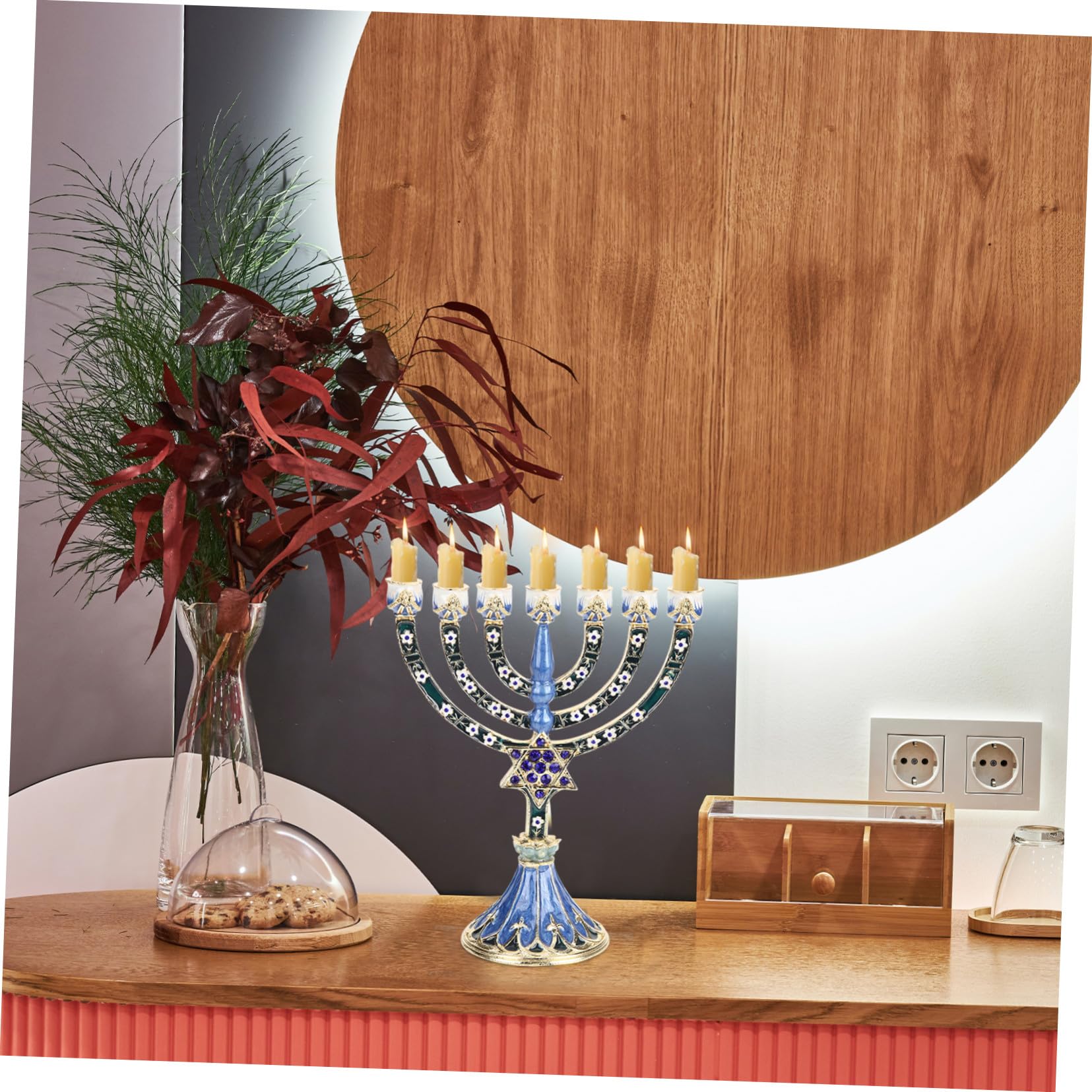 Candelabro de 7 Brazos de Aleación Azul, Estilo Vintage Religioso