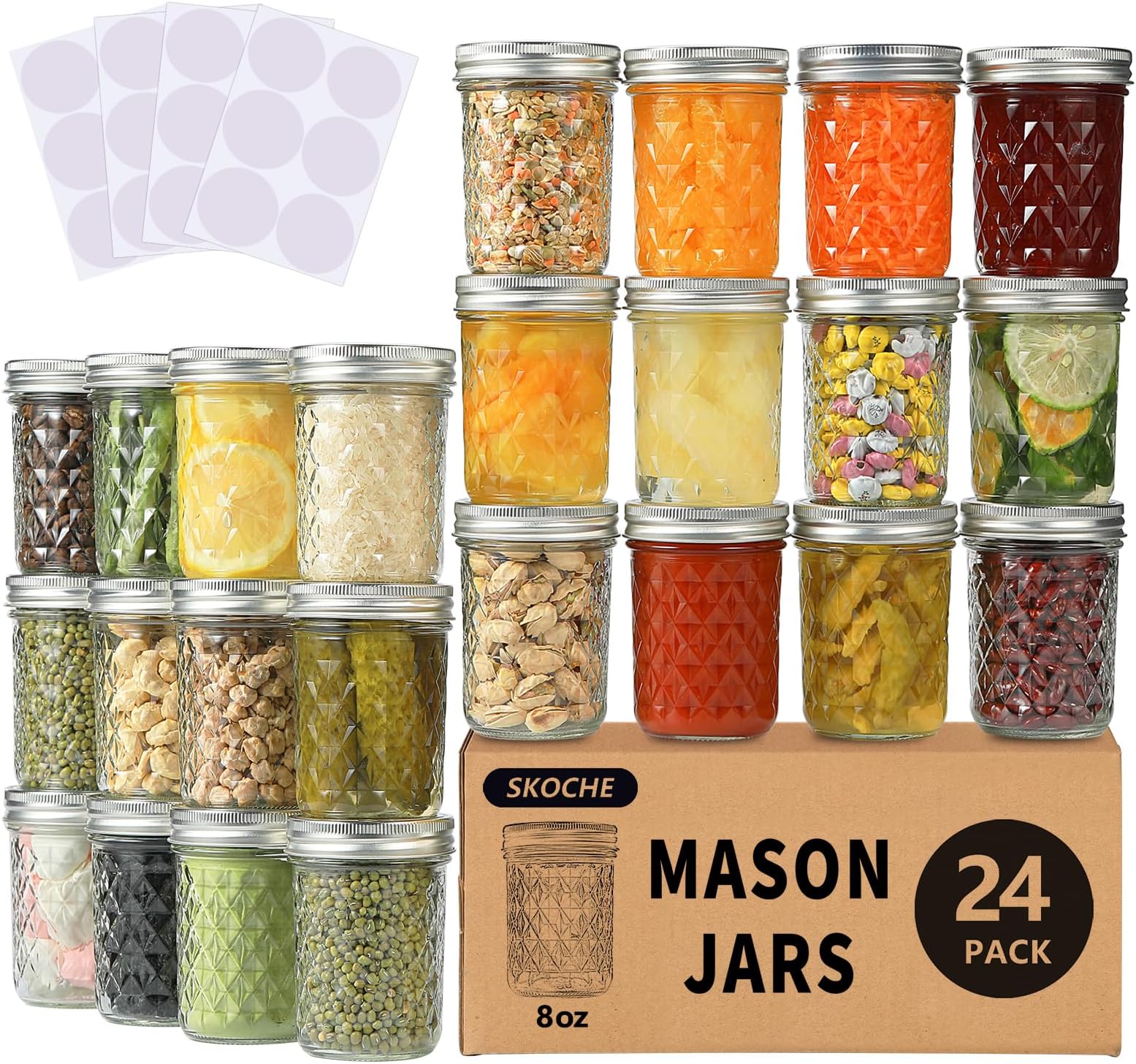 SKOCHE Mason Jars 8 oz 24 Pack Half Pint Canning Jars with Regular Airtight Lids and Bands, Small 8oz Glass Jars with Lids, Ideal for Fermenting, Pickling, DIY Decors, Fruit Preserves, Jam, Jelly