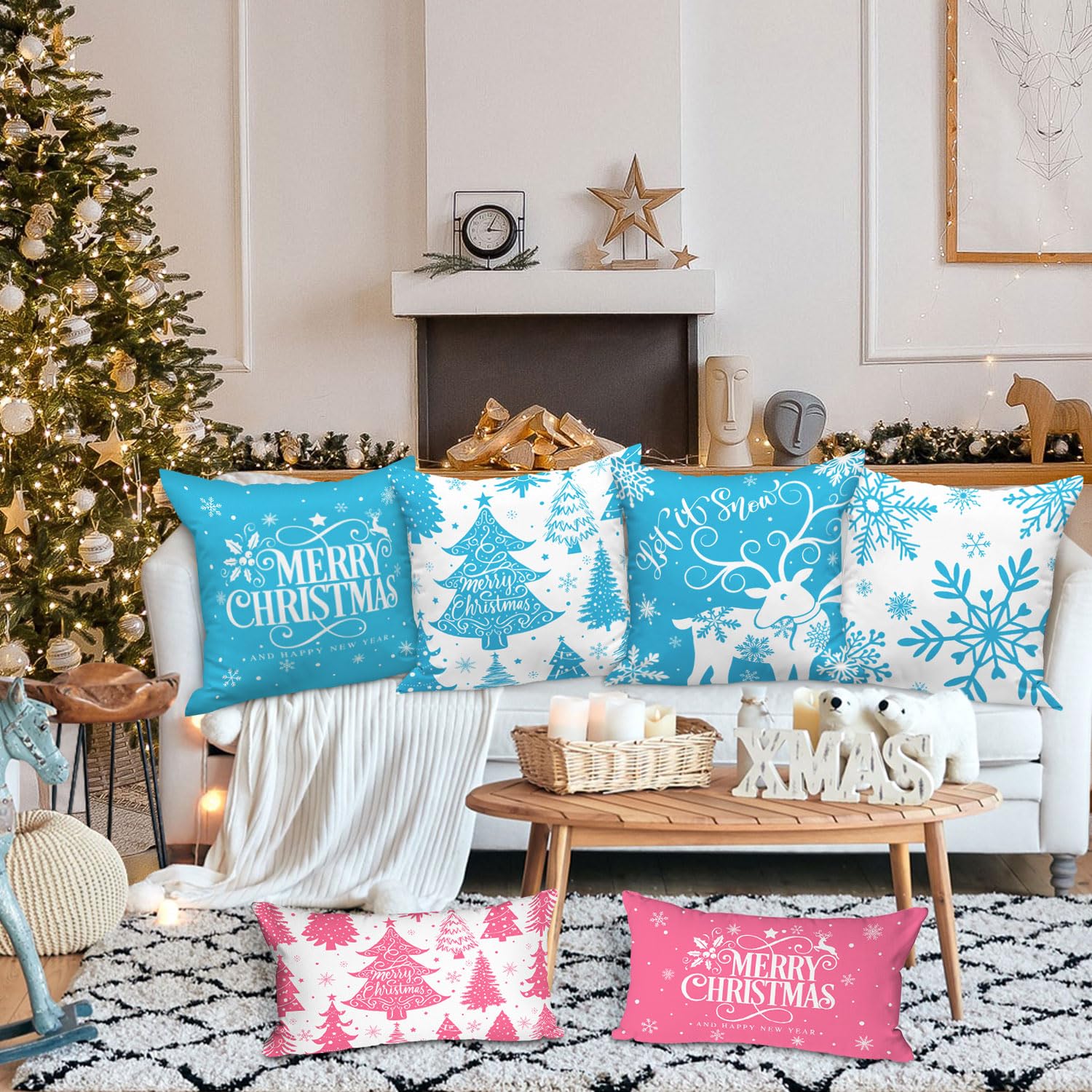 Lanpn White and Blue 45x45 Christmas Pillow Covers Set of 4 - Image 3