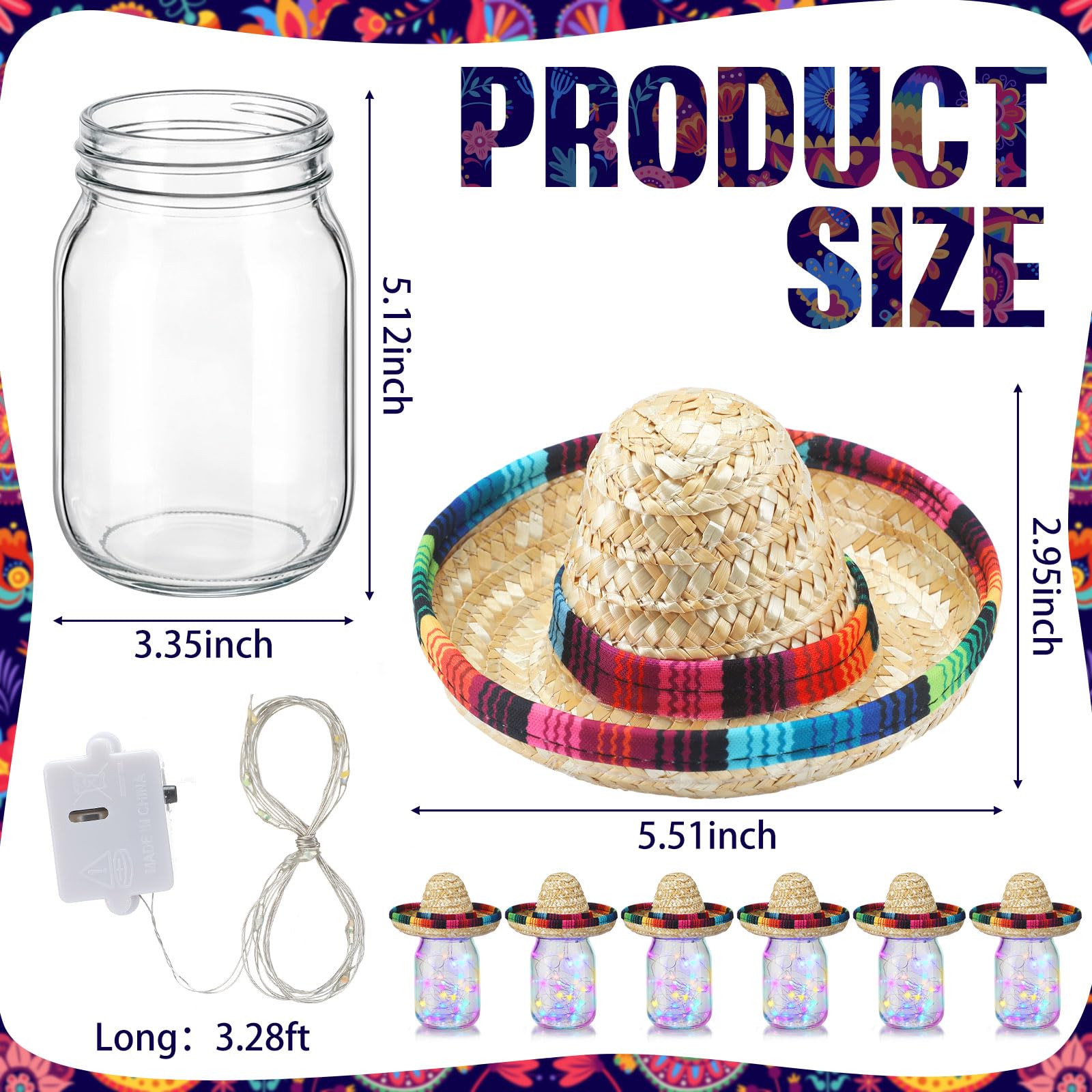 Set di 6 centrotavola messicani per feste messicane decorazioni per feste con barattoli di vetro, cappelli Sombrero, corde luminose per feste a tema taco, matrimoni, compleanni, giorno dei