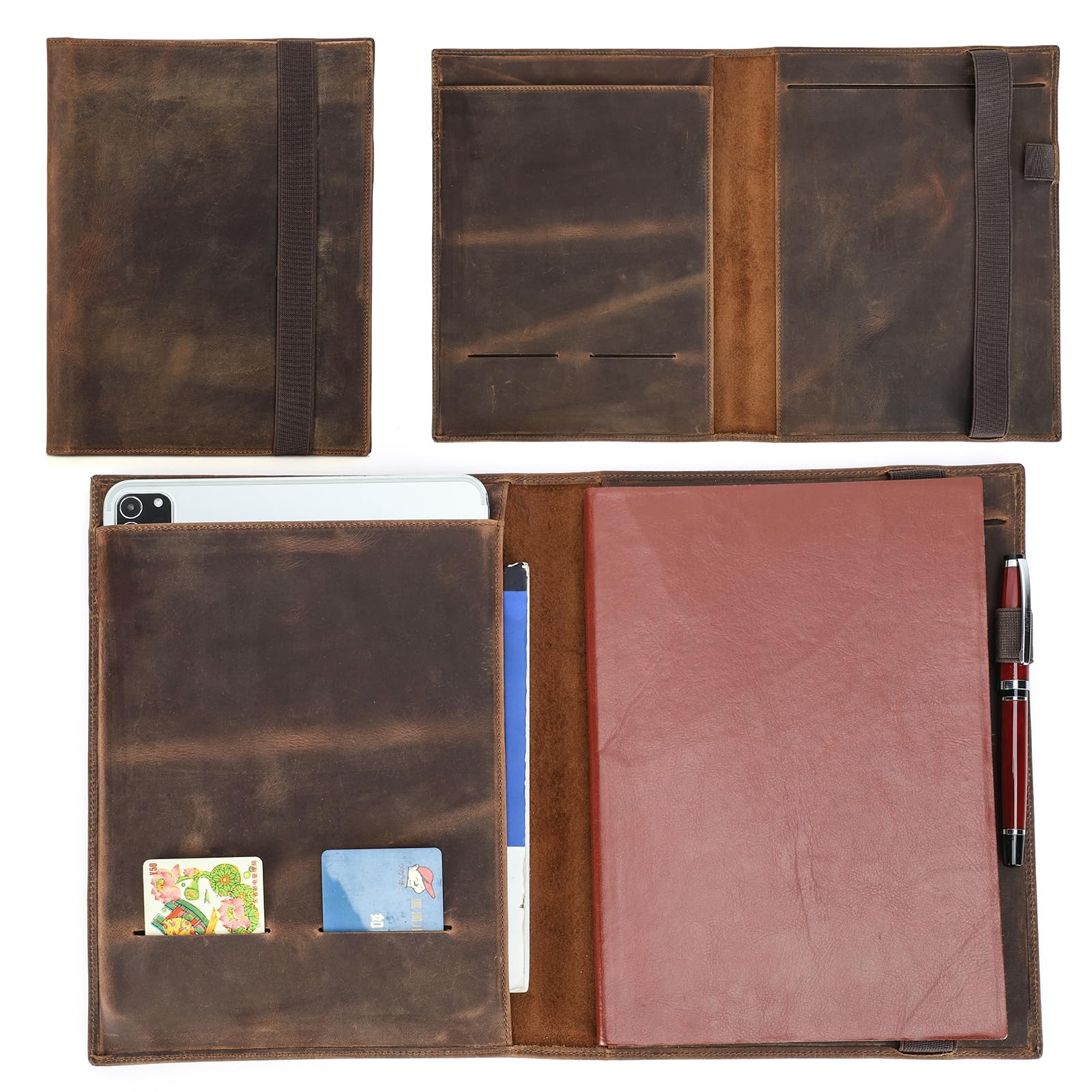 Vintage Top Grain Leather Padfolio Portfolio, Fits 10.9/11 Inch iPad Pro & B5 Notebook, Business Folio Organizer with Card Slots Elastic Pen Holder for Office Meeting(Coffee).