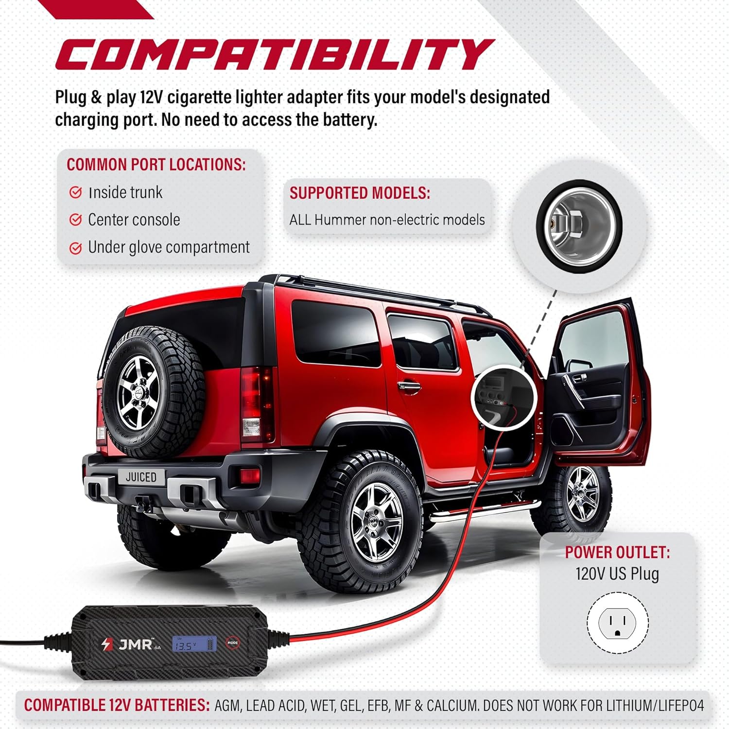 JMR Battery Charger for Hummer H1 H2 H3 H3T All Models Trickle Charger Conditioner Maintainer (No Lithium Mode)