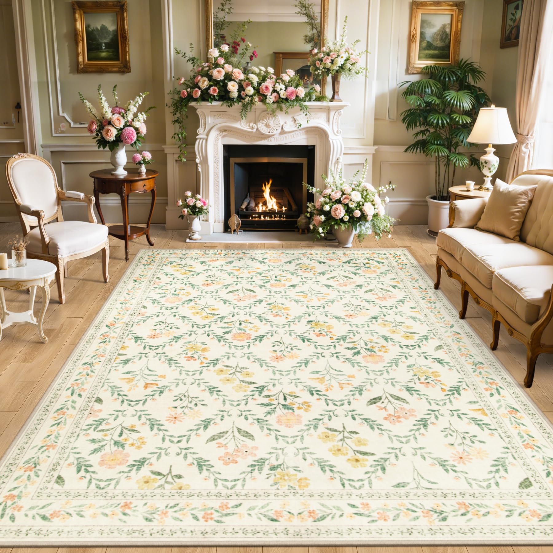 8x10 Area Rugs for Living Room: Floral Washable Rug Vintage Large Soft Boho Non-Slip Carpet Indoor Floor Stain Resistant Carpets for Bedroom Dining Room Farmhouse Nursery Home Office Beige/Multi