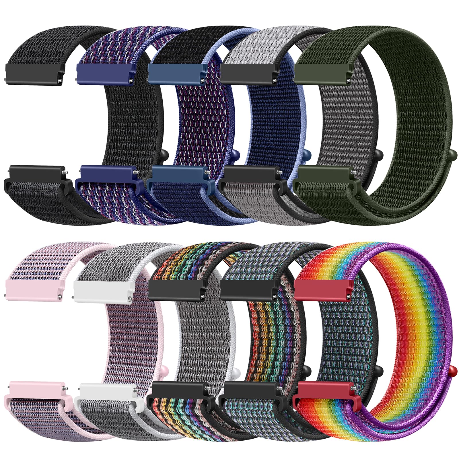 Tiptops 10 Pack Nylon Bands Compatible with Samsung Galaxy Watch 6 5 4 /Watch 3 41mm/Active 2/Garmin Vivoactive 5/Vivoactive 3 Amzfit Bip 3 Pro/Bip 3/Ticwatch 2 / E / C2, 20mm Watch Straps