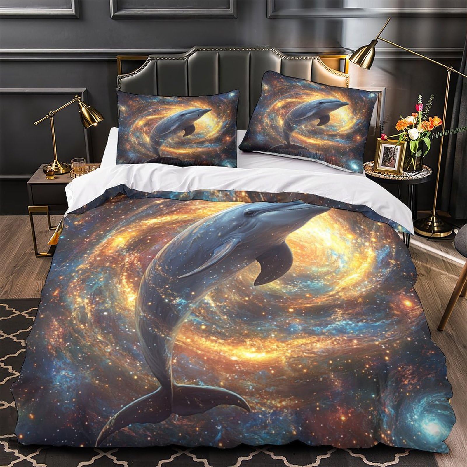 Housse de couette dauphin espace 3D drap lit simple 140x200 fantasy marine
