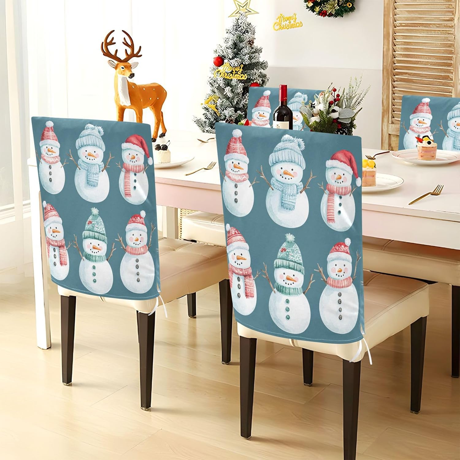 MNSRUU Christmas Chair Back Cover for Dining Room,Snowman Chair Slipcovers Set of 6,Snowman Chair Cover for Kitchen Hotel Holiday Party Decor,391