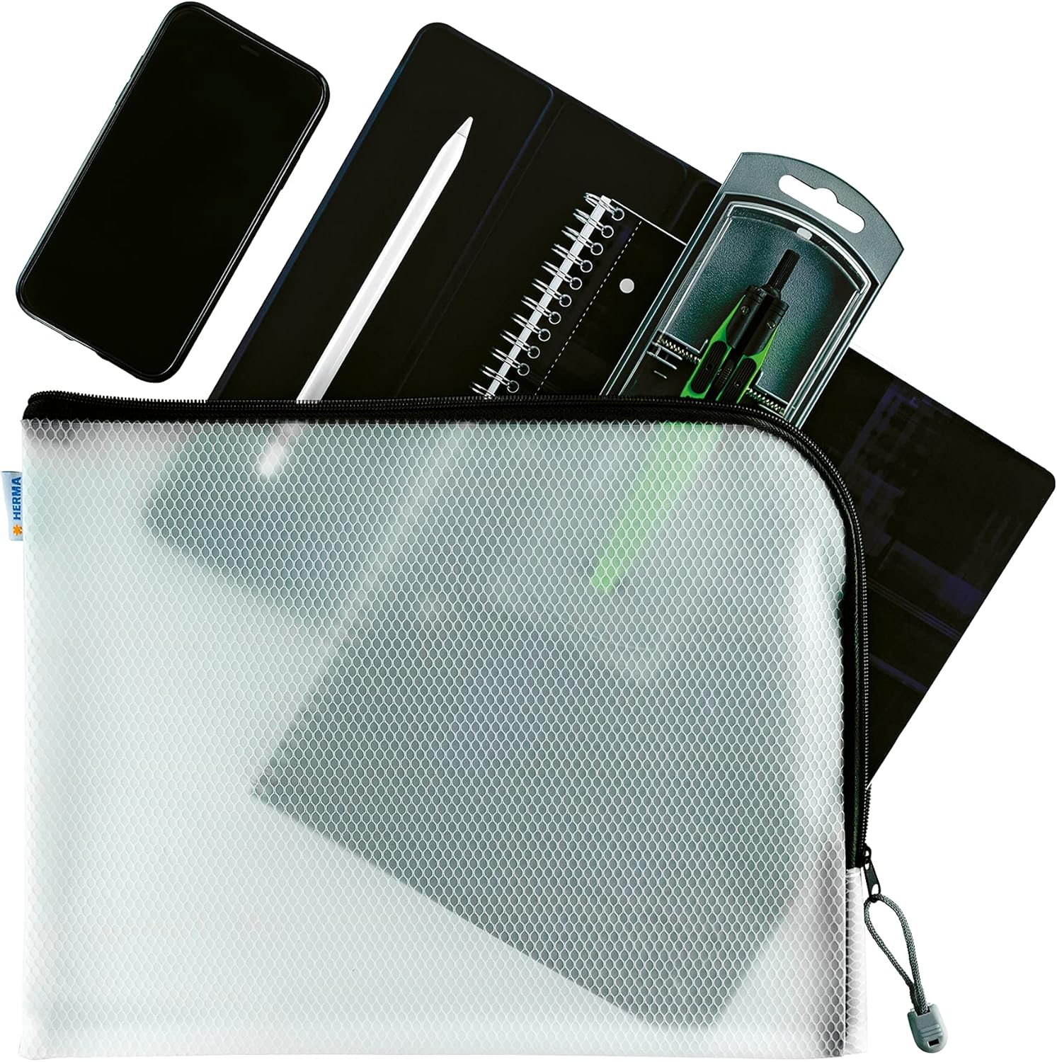HERMA 20022 Zip Document Bag A4, transparent (36 x 28 cm) large zippered mesh pouch with zipper for laptop, tablet, books, papers, toys, clear storage wallet with zipper in black