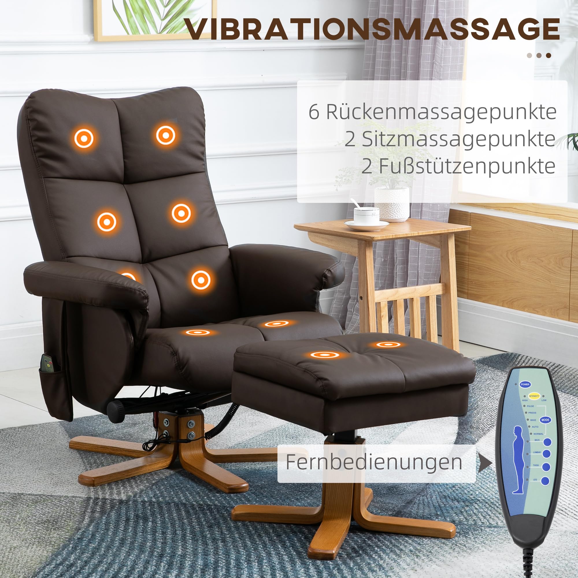 HOMCOM Relaxsessel mit Hocker 360° drehbarer Massagesessel Liegefunktion TV-Sessel Polyester Braun