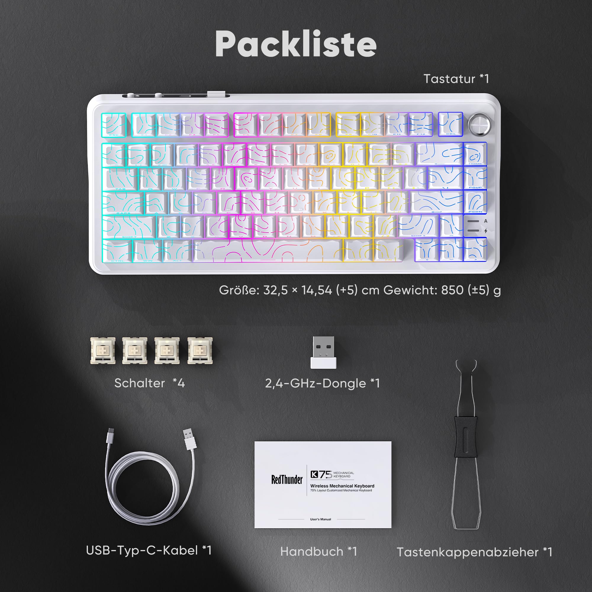 RedThunder K75 Tastiera meccanica da gioco, QWERTY (contorno bianco)