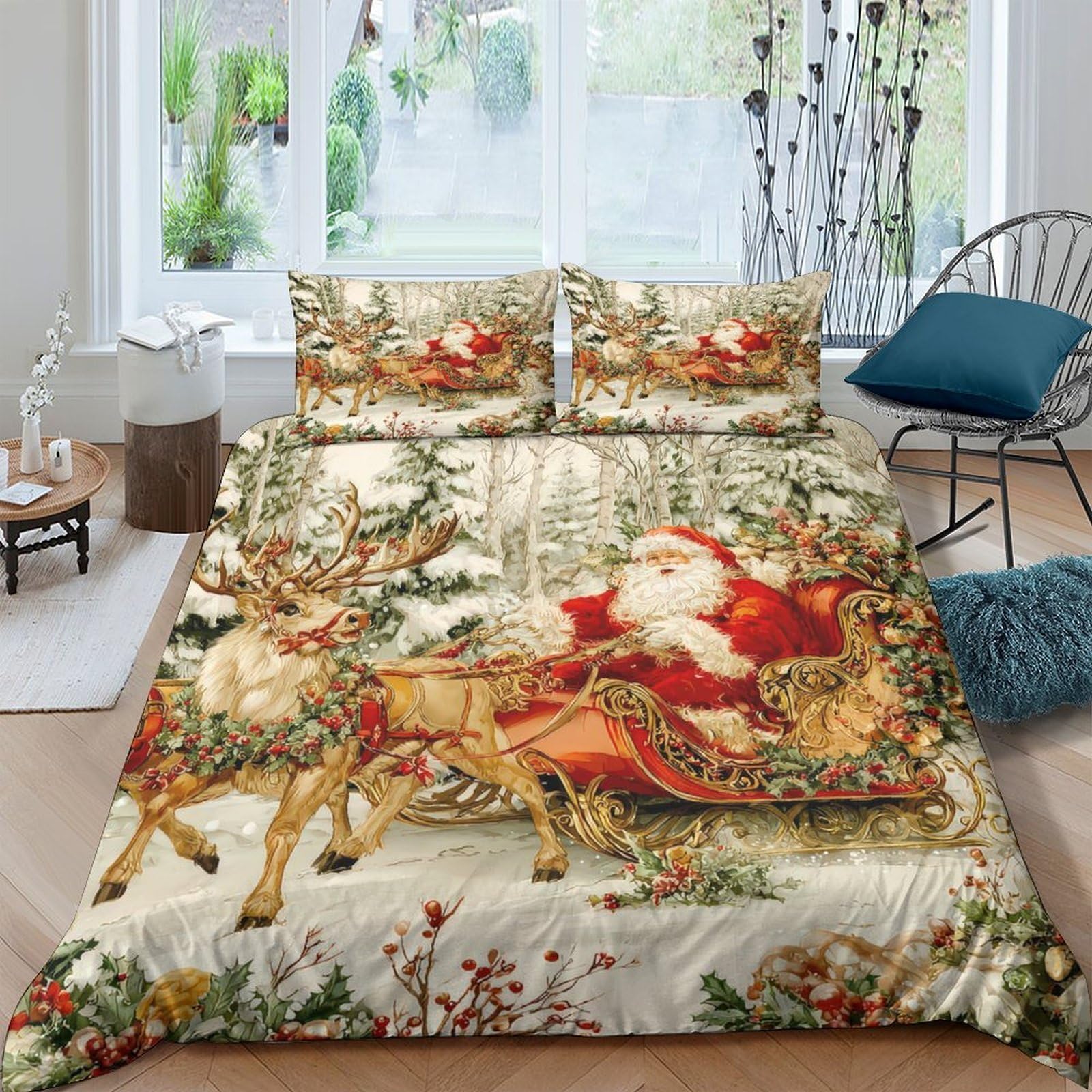 Ctjqhvkz Style-7 3D Printed Christmas Santa Sleigh Fitted Sheet Microfiber Soft Reindeer Forest Bed Cover For Bedroom Guest Room Decor Single（135X200cm）
