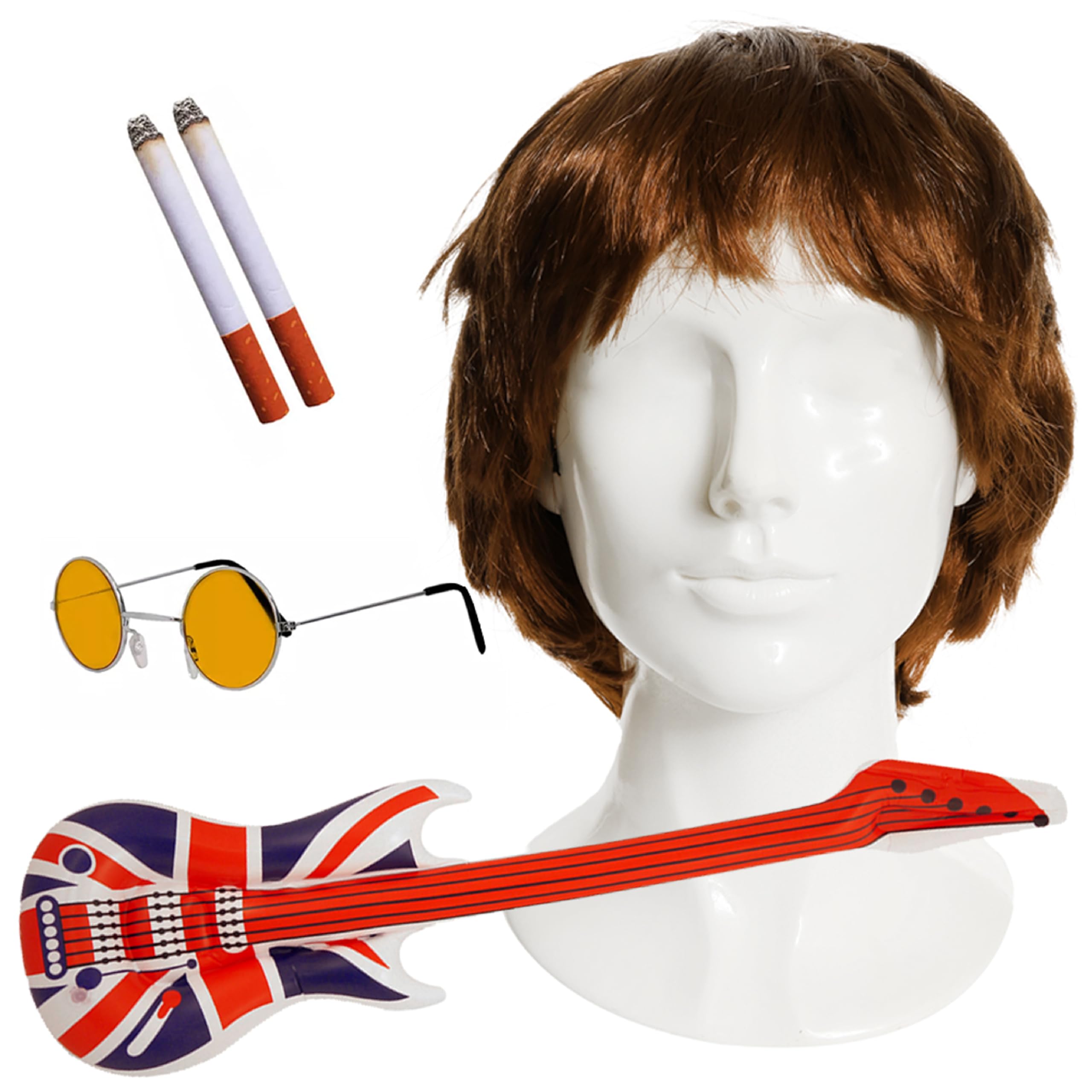 Adults Rock Band Accessory Set - Brown Wig, Round Blue Glasses, Inflatable Union Jack Guitar, Fake Cigarettes - Adults 6-Piece Music Best of British Fancy Dress Accessory Set