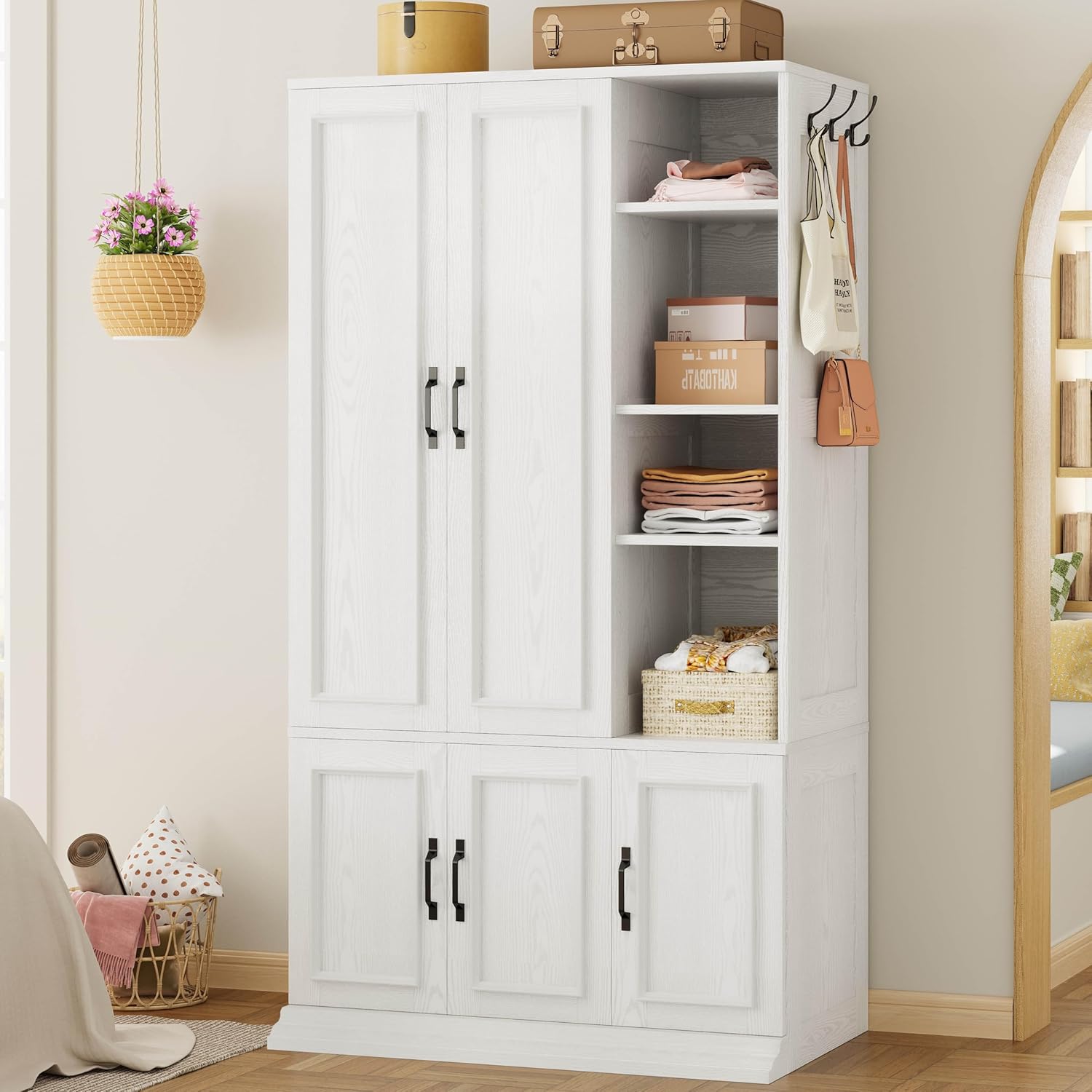 LIKIMIO Armoire Wardrobe Closet 70" H, 5 Doors Bedroom Wooden Wardrobe with 4 Storage Shelves and Hanging Rod, Clothing Storage Cabinet Organizer Combination, White - Image 7