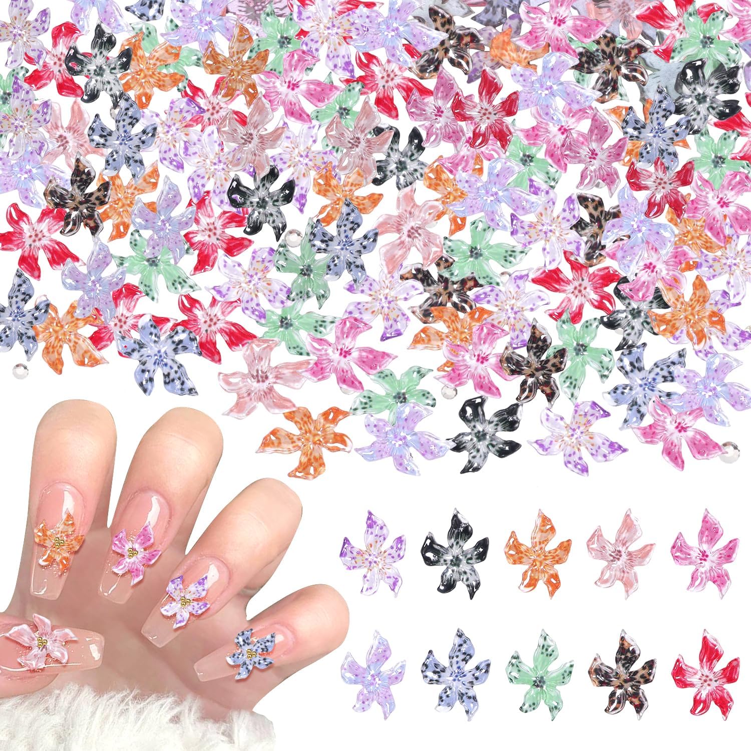 100 pcs Breloques pour Ongles de Fleur, Nail Art Lys Coloré Décoration, Deco Ongle Nail Art de Jolis Florales, Accessoires Ongle de Fleurs de Résine Pour Femme Filles DIY