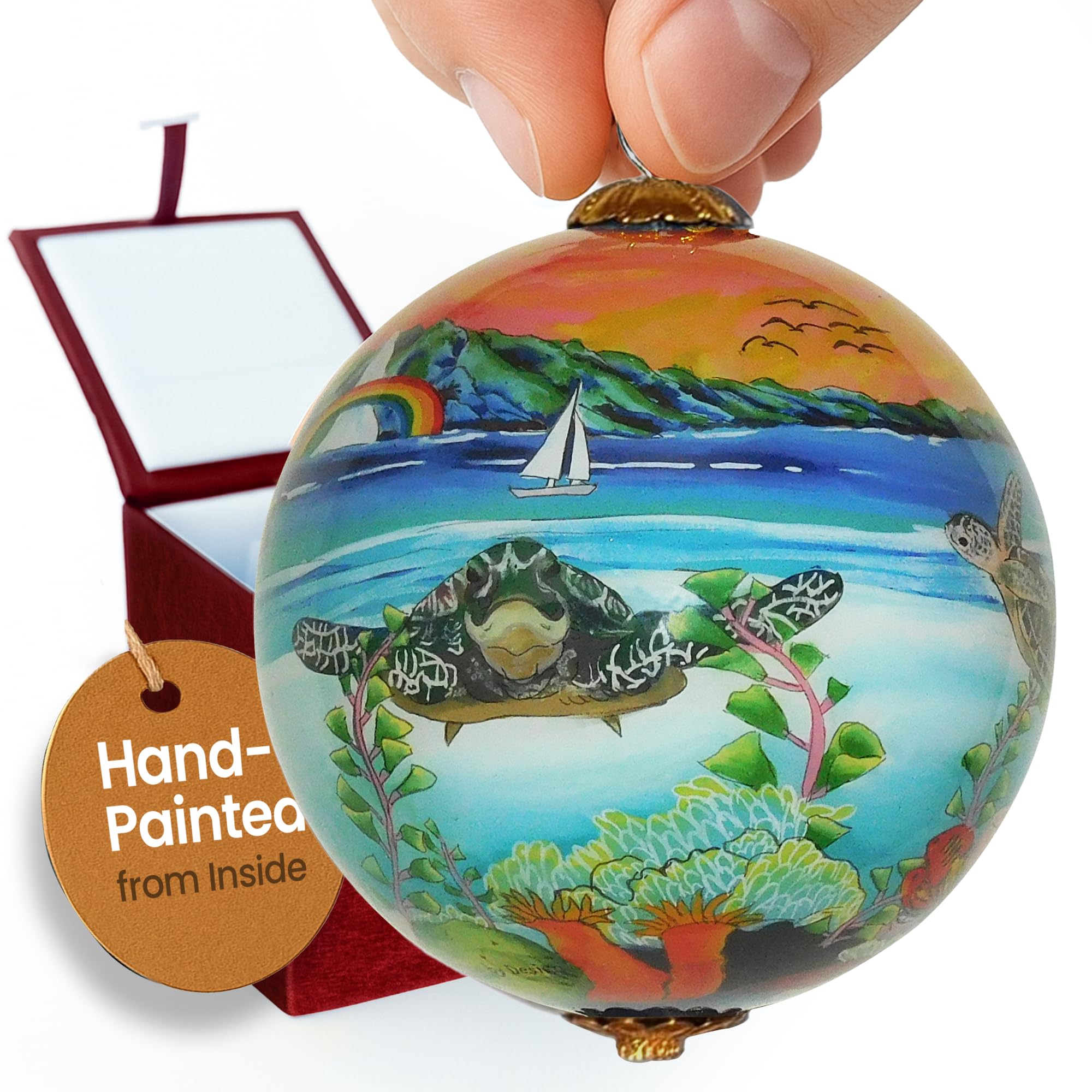 Collectible Hawaiian Glass Ornament with Gift Box Hand Painted Sea Turtles in The Sunset