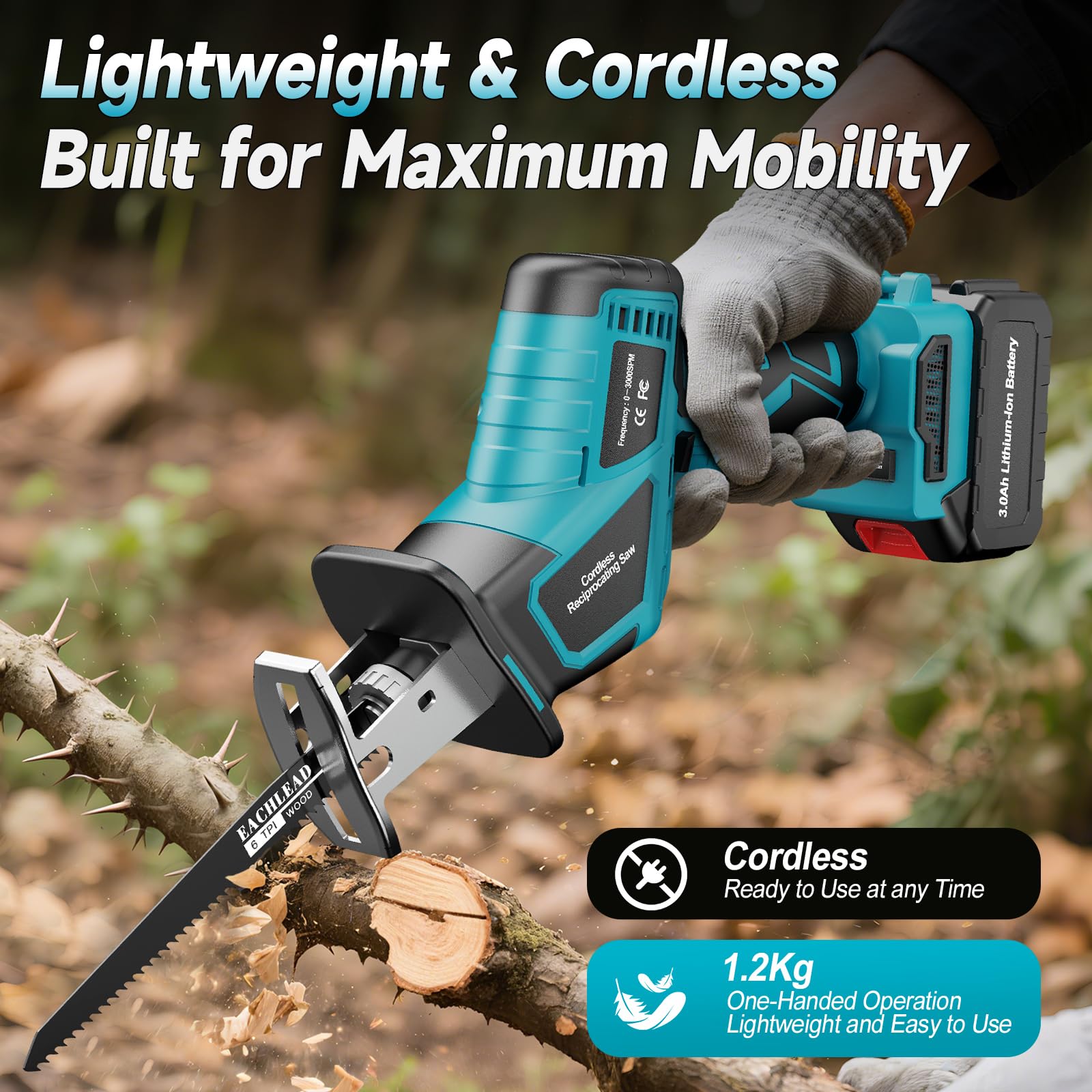 Scie sabre sans fil Compatible avec Batterie Makita 18V, 6 Vitesses Jusqu'à 3500 SPM Scie alternative Electrique avec 2×3.0Ah Batterie, 4 Lame, et Pour Bois et Métal