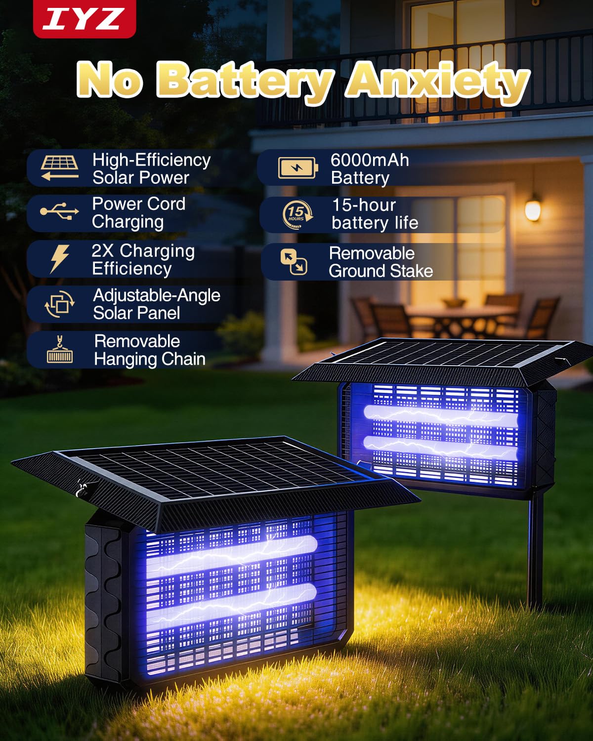 IYZ Trappola per insetti solare per esterni, impermeabile, 3 in 1, senza fili, con doppia alimentazione (solare + USB) e batteria da 6000 mAh, lampada antizanzare per cortile, patio, giardino, camper