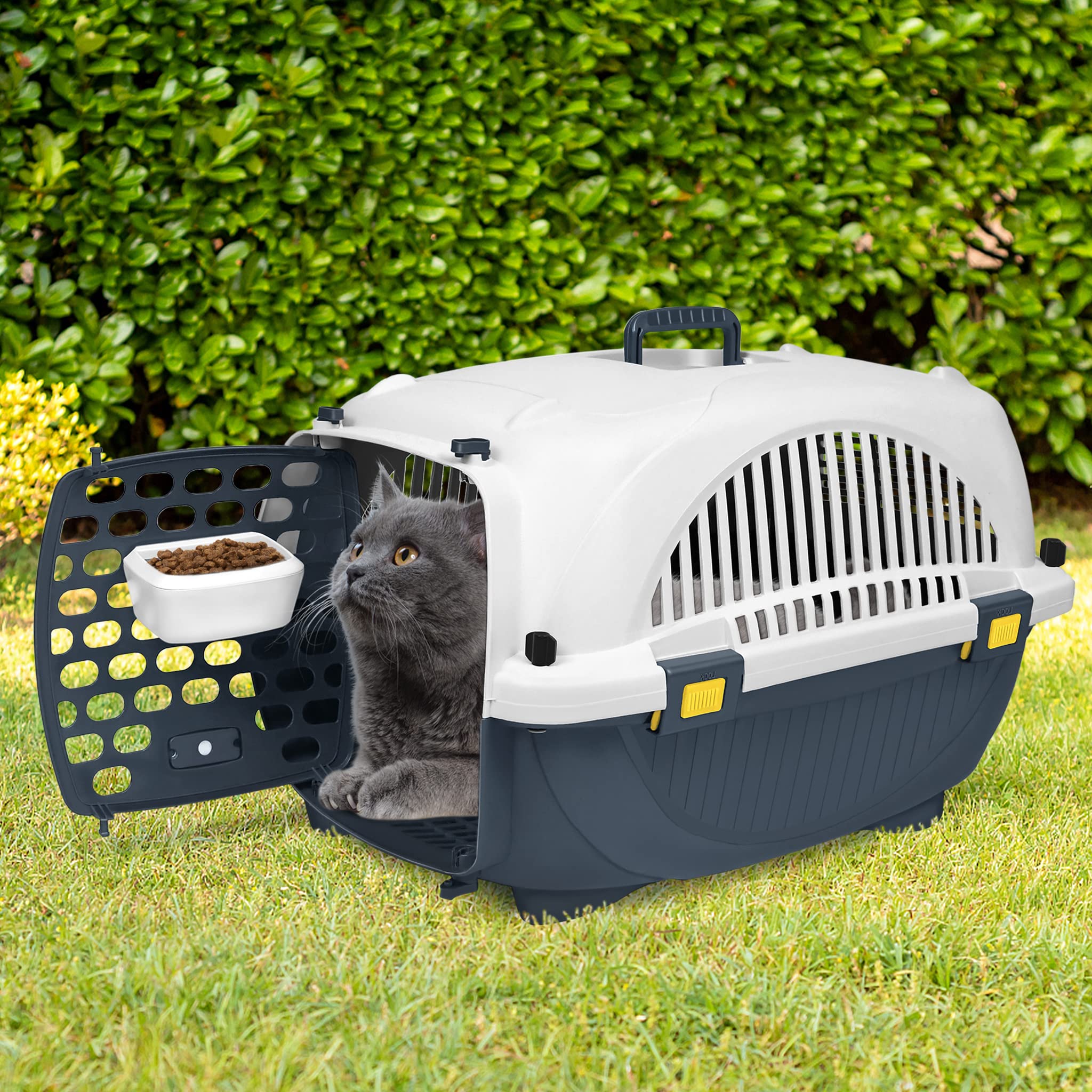 Aufun Cage de transport pour animaux de compagnie pour petits chiens et chats en plastique, 61 x 37 x 37 cm, boîte de transport pour chien, peut supporter jusqu'à 10 kg, porte avant, coussin et
