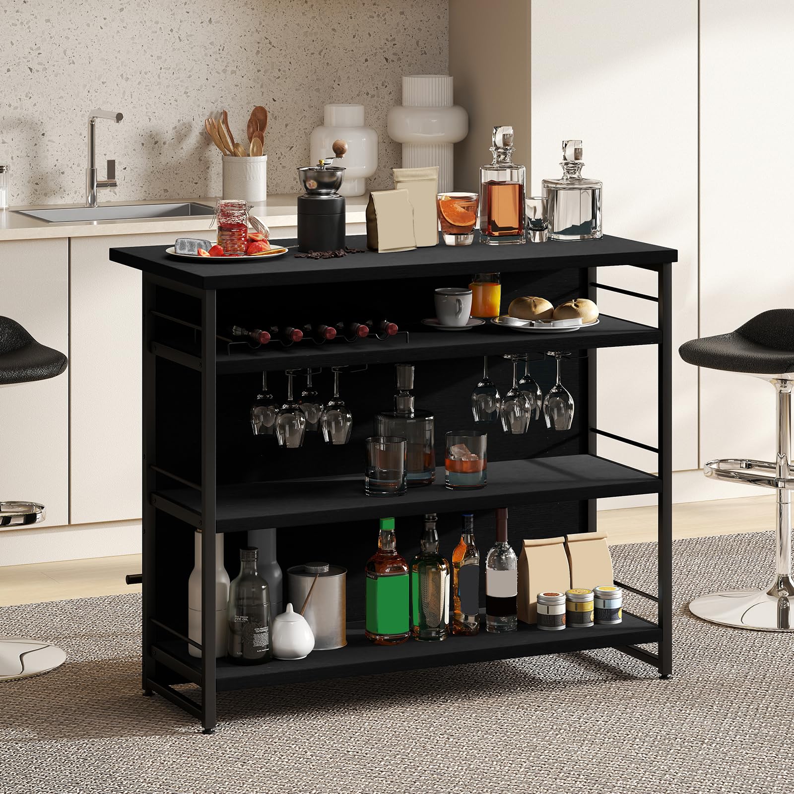 GIANTEX Central Cucina con Piano di Lavoro, Tavolo da Bar a 4 Livelli con Porta Bottiglie, Porta Bicchieri, Porta Vino e Supporti per Bicchieri da Piedi, 60 x 120 x 101 cm