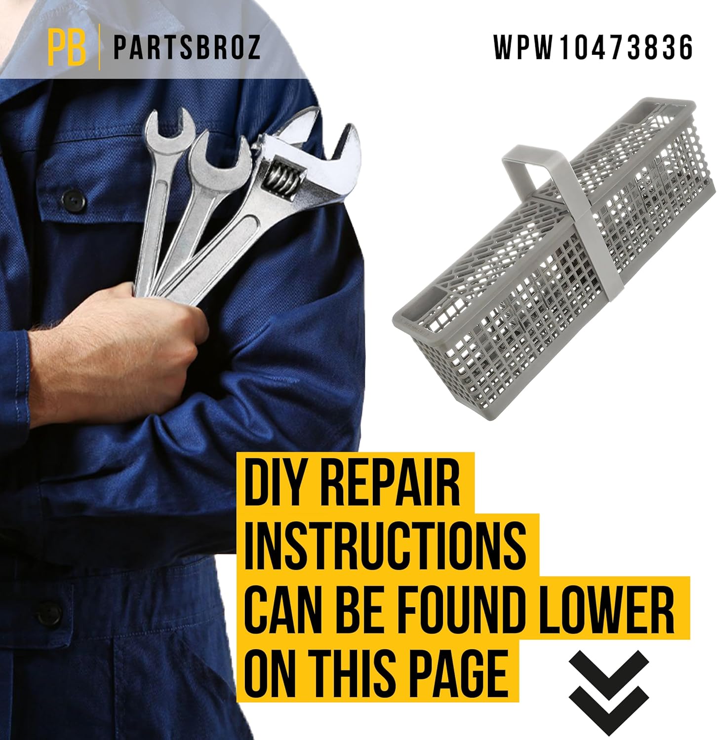 PartsBroz WPW10473836 Silverware Basket - Compatible With Whirlpool KitchenAid Jenn-Air Maytag Dishwasher - Replaces AP6021983 PS11755312 W10195723 W10473836 3020617 W10195722