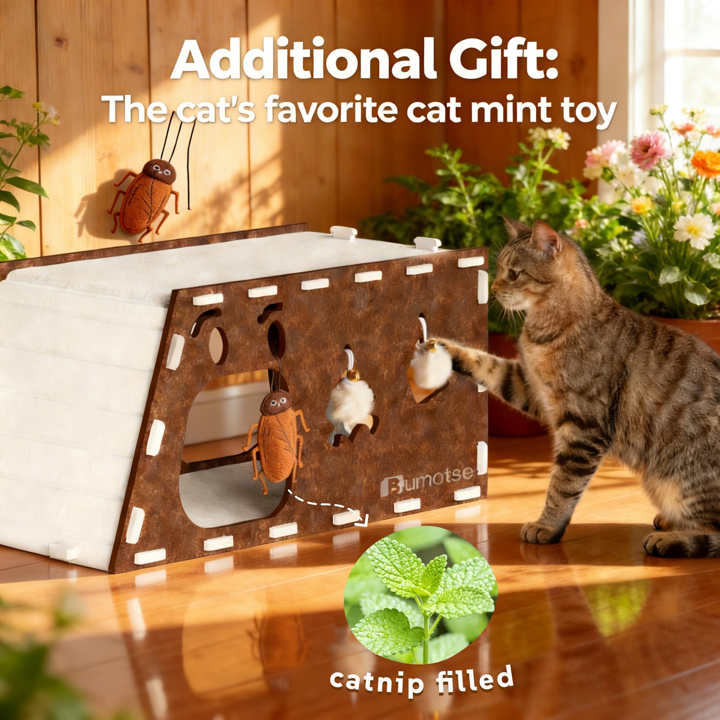Condominio grande de 2 pisos para gatos de interior con juguete de hierba gatera, casa cueva de fieltro para gatos con túnel para rascar, sin herramientas, cama cálida y silenciosa para
