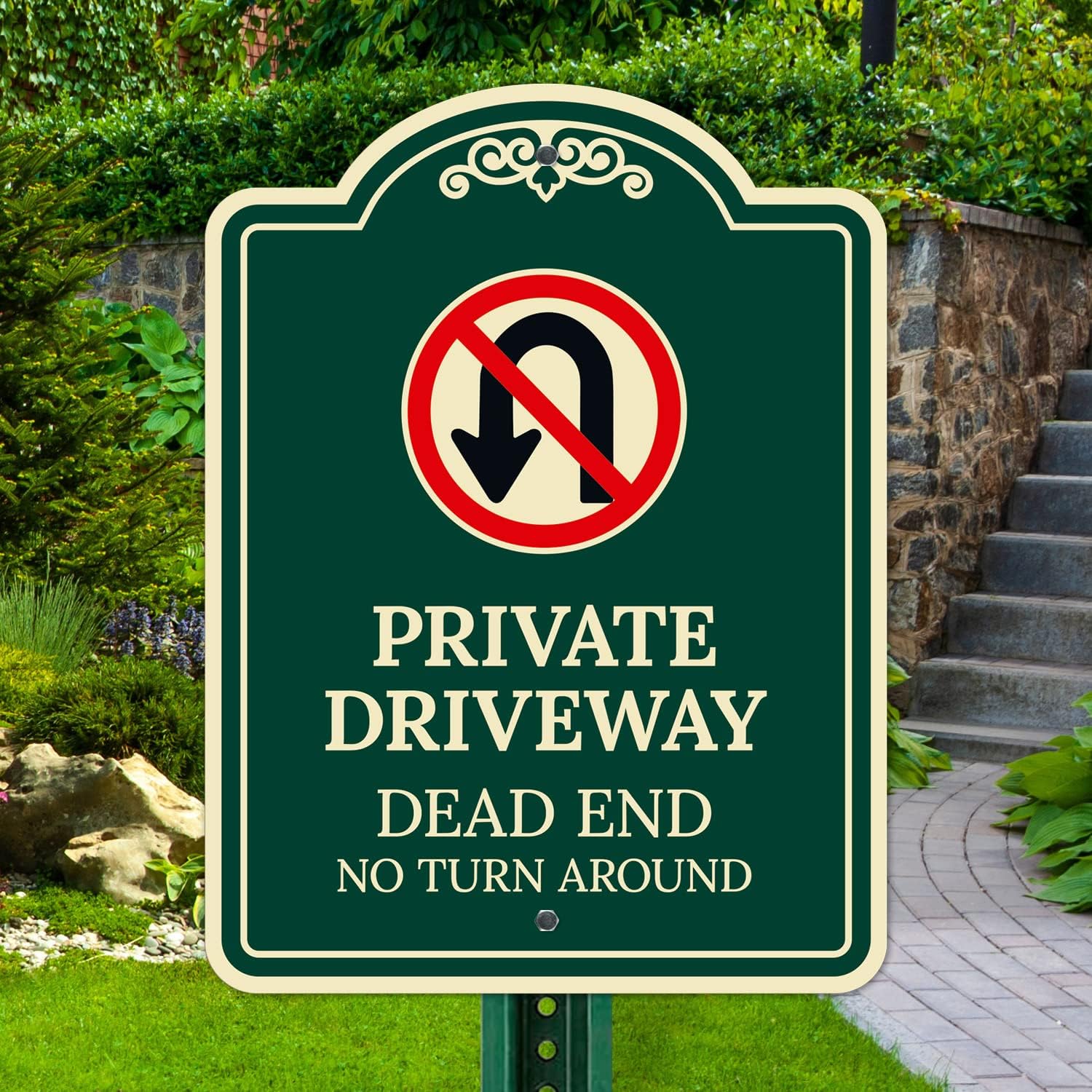 Private Driveway Dead End No Turn Around Décor Sign, Green Dark, 18x24 Inches, ACM, Fade Resistant, Made in USA