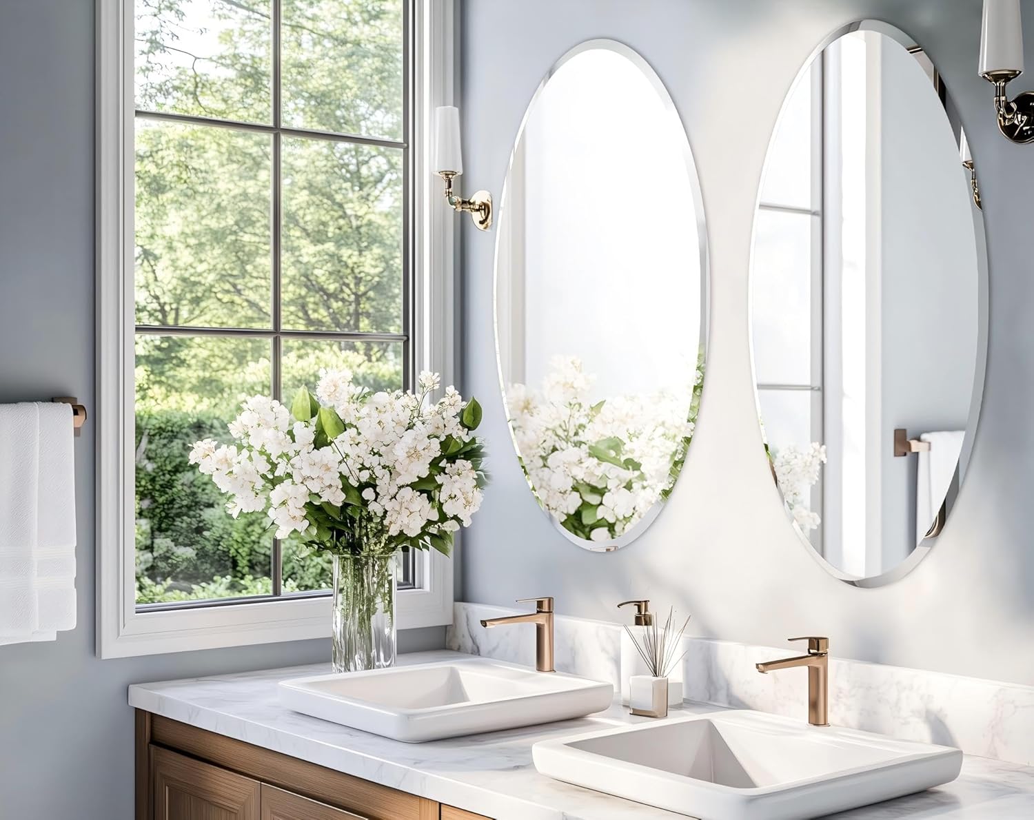 Frameless Oval Wall Mirror: Decorative Elliptical Mirrored Glass Vanity with Beveled Silver Edge for Bathroom Bedroom Livingroom Dining Room Entryway Hallway, 32 x 24 inch - Image 5