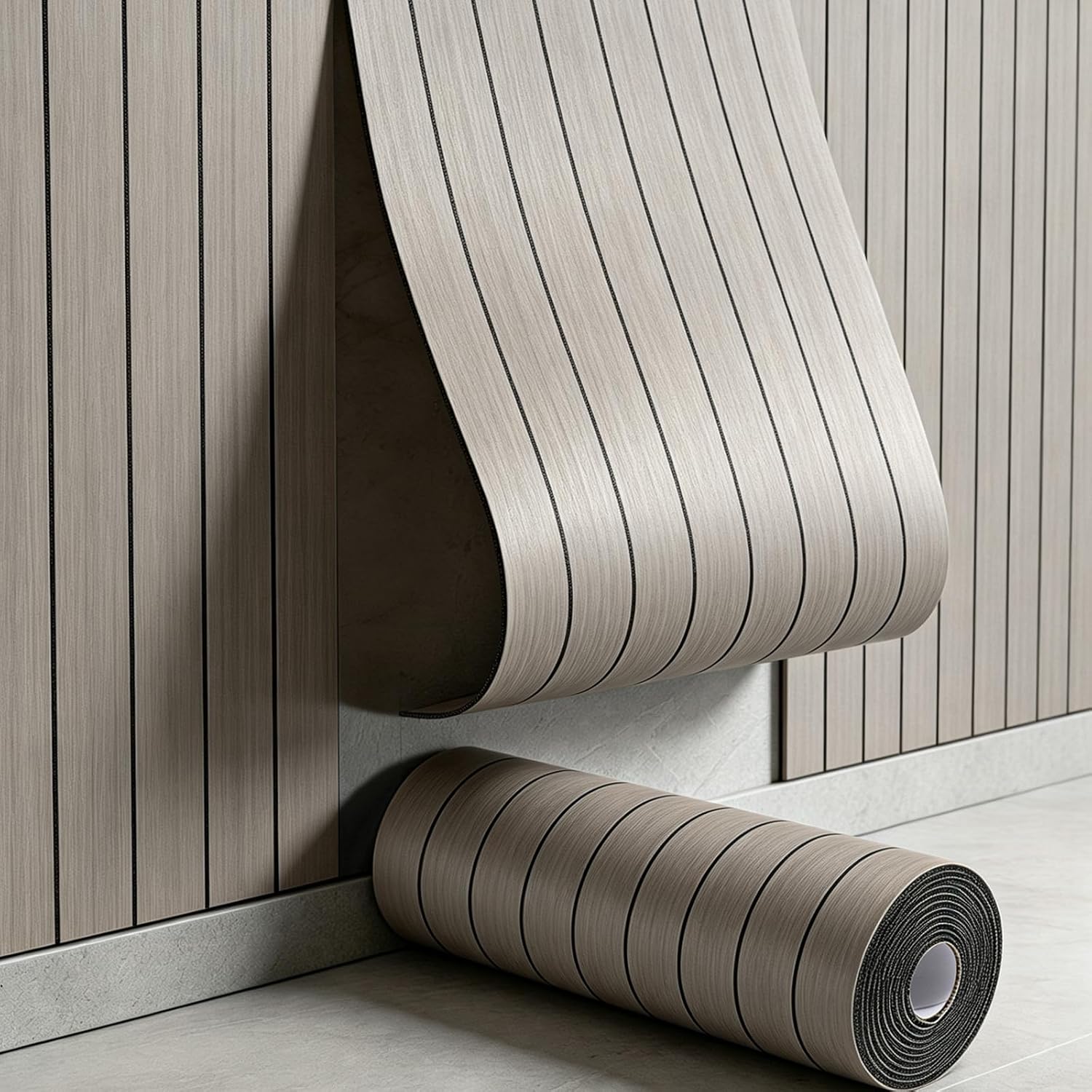 MULSAME Self-Adhesive PVC Slat Wall Panels 118"x15.75" – Peel & Stick Faux Wood Wallpaper with 3D Soundproof Design, Scratch-Resistant Oak Grain Finish for Living Room, Bedroom & Ceiling Décor