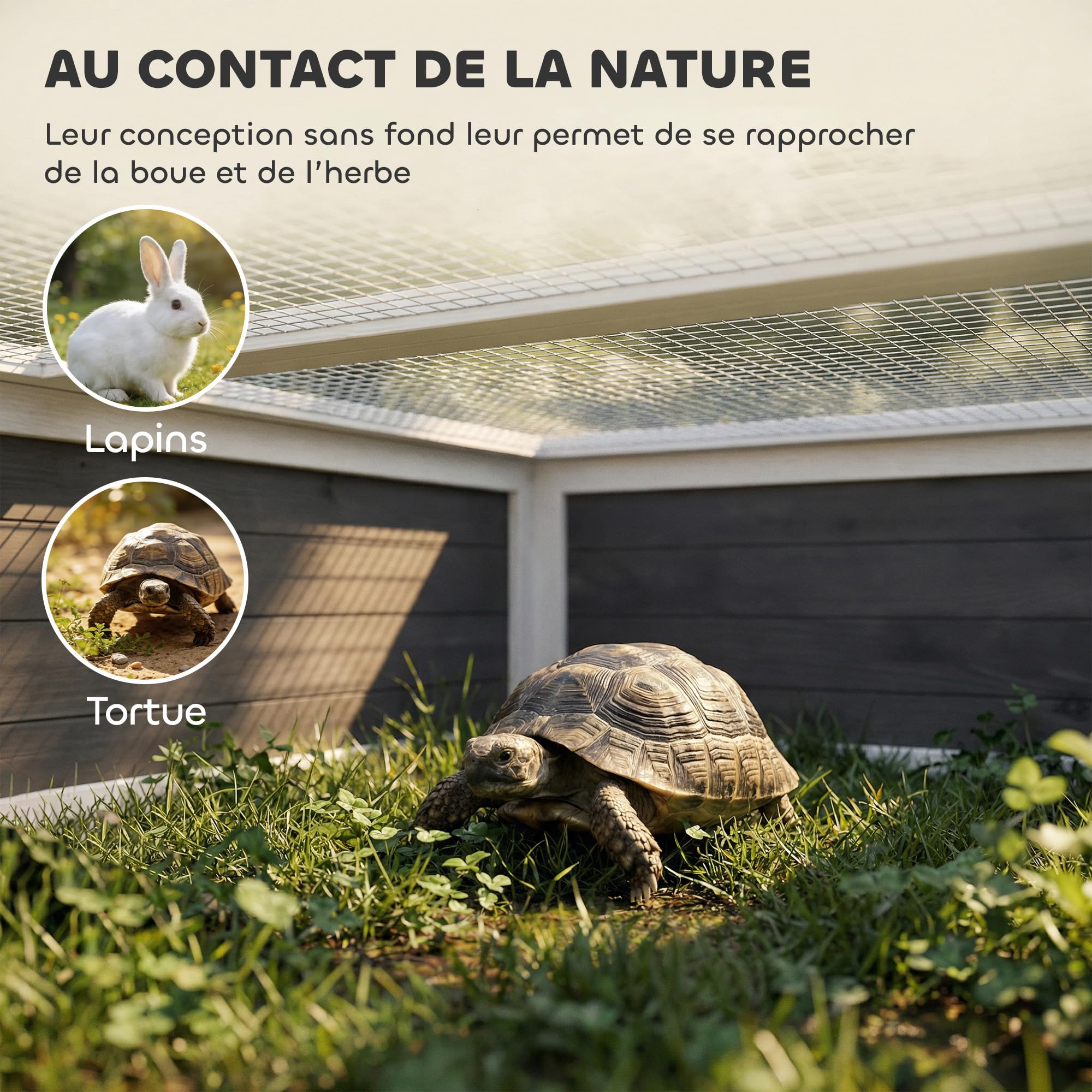 PawHut Maison Tortue Terrestre en Bois XXL 113x106,5x44,5cm - Habitat 2 Zones avec Double Toit Ouvrant Bitumé et Grillagé, Fenêtre - Enclos Tortue Hermann et Parc Lapin, Gris Foncé