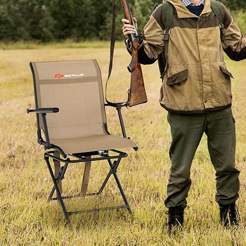 Miniatura 9 de Goplus Silla de caza, silla ciega plegable giratoria de 360 con correa de transporte, capacidad de 330 libras, taburete de caza de ciervos portátil,