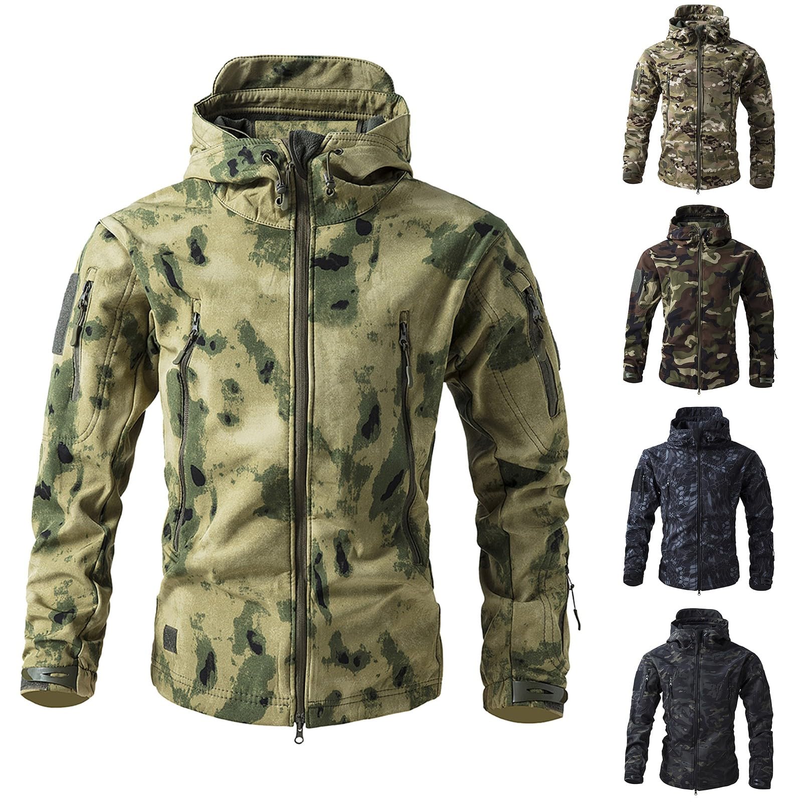 Giacca invernale da uomo, giacca tattica con cappuccio, chiusura lampo, traspirante, per attività all'aria aperta, pesca, caccia, da lavoro, trekking, per le mezze stagioni, militare