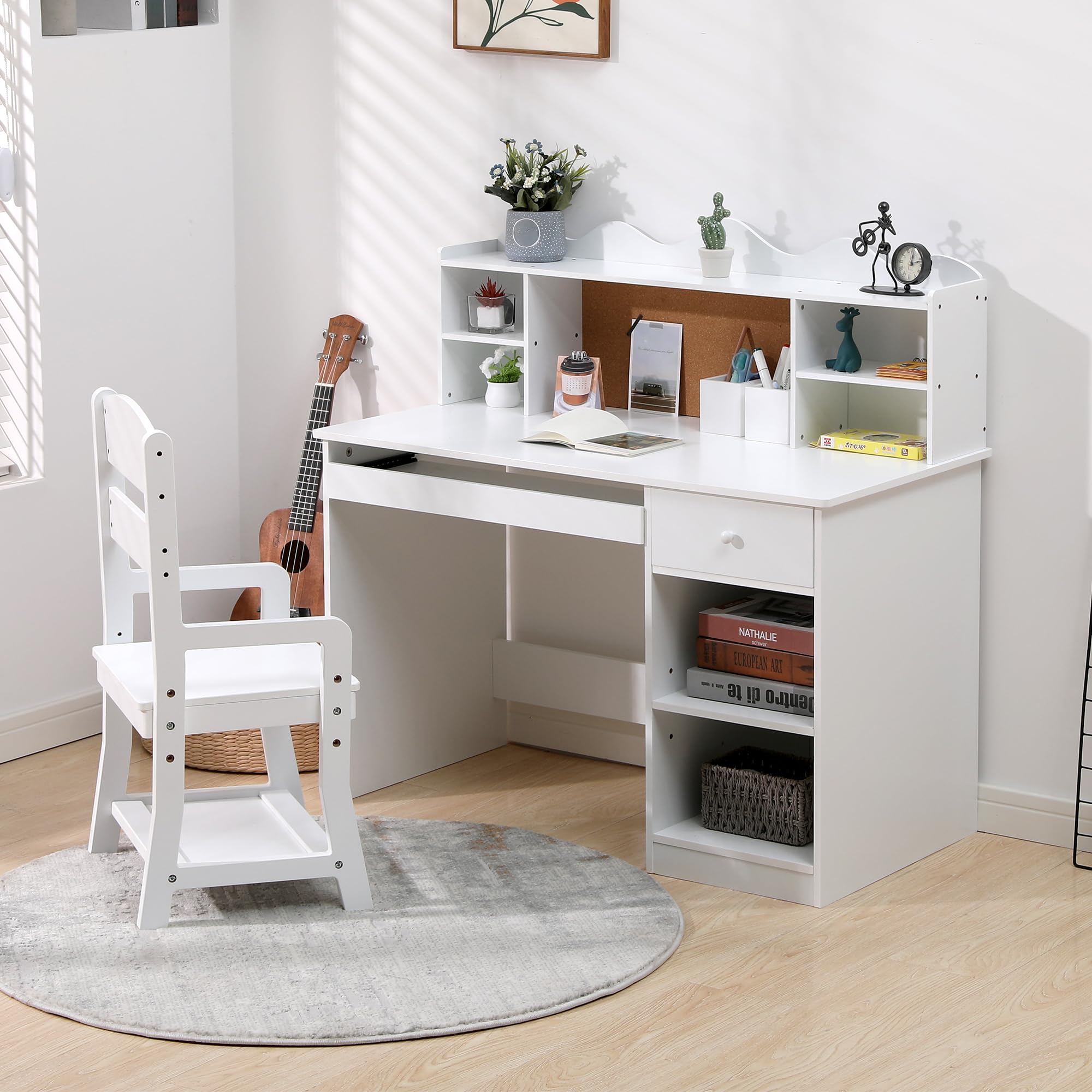Kids Desk and Chair Set, Wooden Study Table with Storage Shelf, Bulletin Board, Keyboard Stand and Pen Holder, Children School Learning Desk Set, Writing Table for Boys and Girls, White