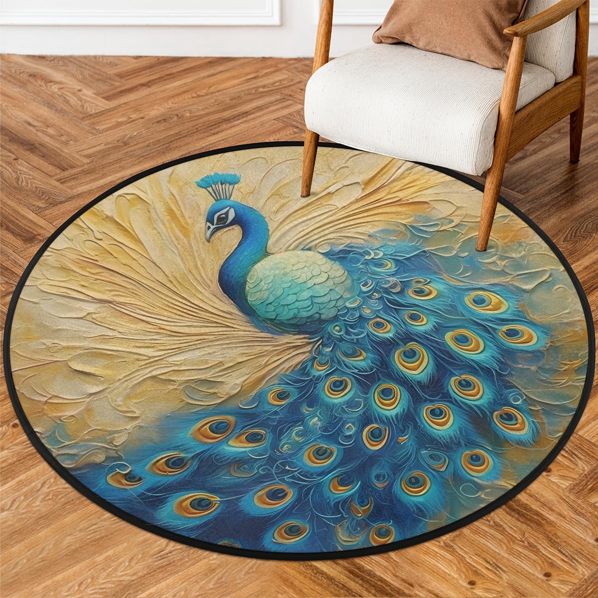 Peacock Pattern Round Area Rug, Animal Painted Non-Slip Circle Rug for Bedroom Living Room Outdoor Study Playing Floor Mat Carpet