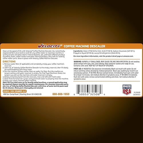Miniatura 6 de Velocity Limpiador y descalcificador de cafetera, 4 usos por botella. Limpia en profundidad cafeteras y máquinas de espresso, limpiador de cafetera