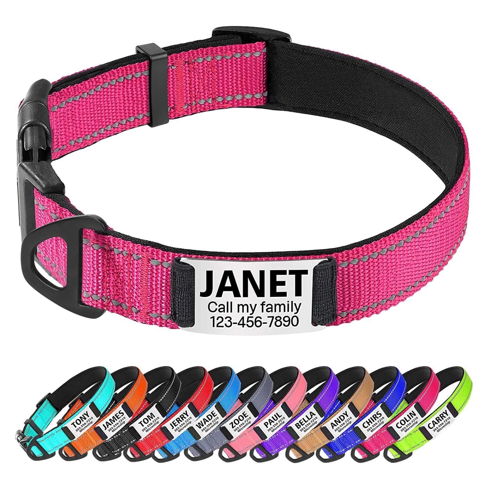 Collier Pour Chien Personnalisé – Prénom Et Téléphone Brodés – Nylon Réfléchissant, Boucle Rapide – Tailles XS à XL