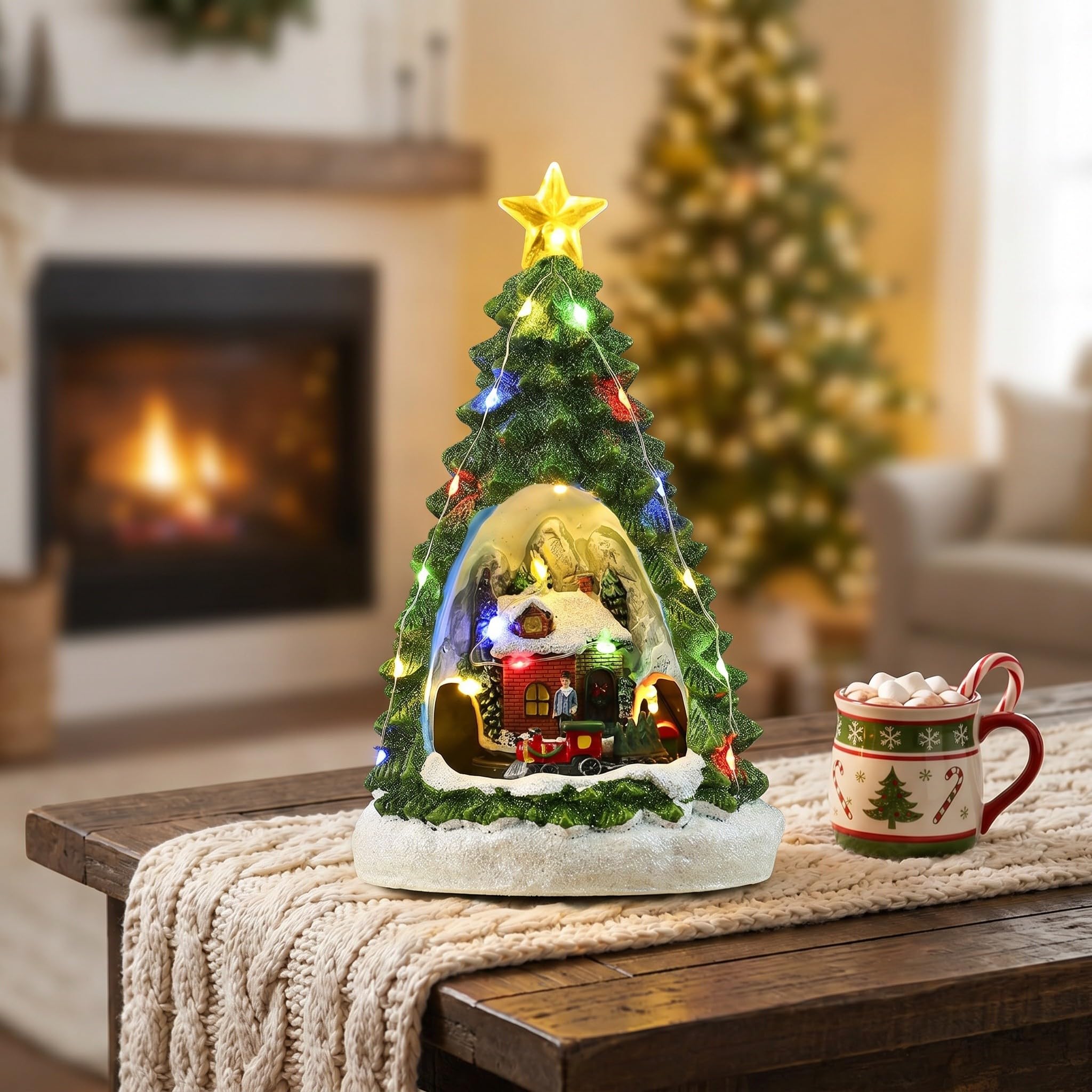 Kisangel Casa di Natale animata e musicale, ornamento natalizio da collezione con statue, trenino in movimento e luci a LED, regalo festivo da tavolo per le vacanze.