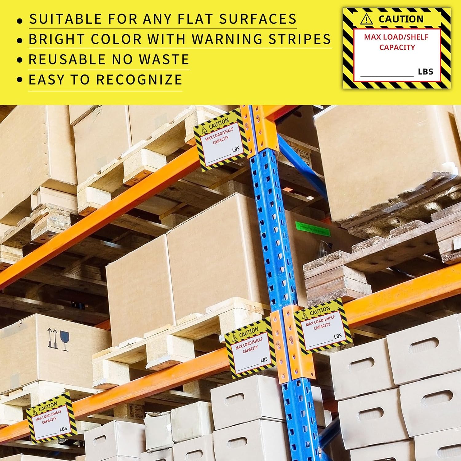 Zhanmai 200 Pcs Pallet Rack Capacity Labels 3 x 4 Inches Pallet Racking Caution Max Load Shelf LBS Warning Stickers Bright PVC Industrial Strength Sticker Warehouse Safety Forklift Cross Beam Safety