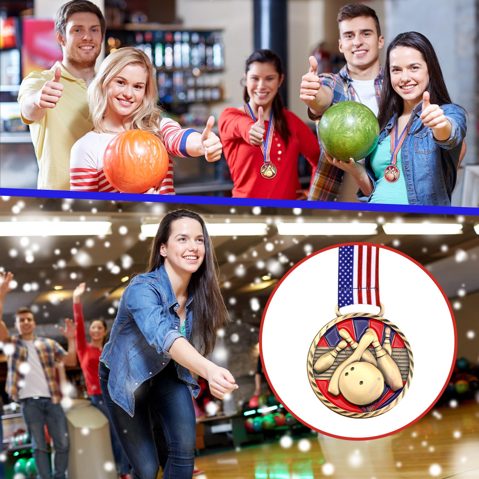 Huquary 3 medallas de bolos de 2.5 pulgadas, trofeo de bolos de oro, plata, bronce, medallas de premio con estrellas y rayas, cinta de bandera estadounidense para competiciones, torneo de recuerdo de