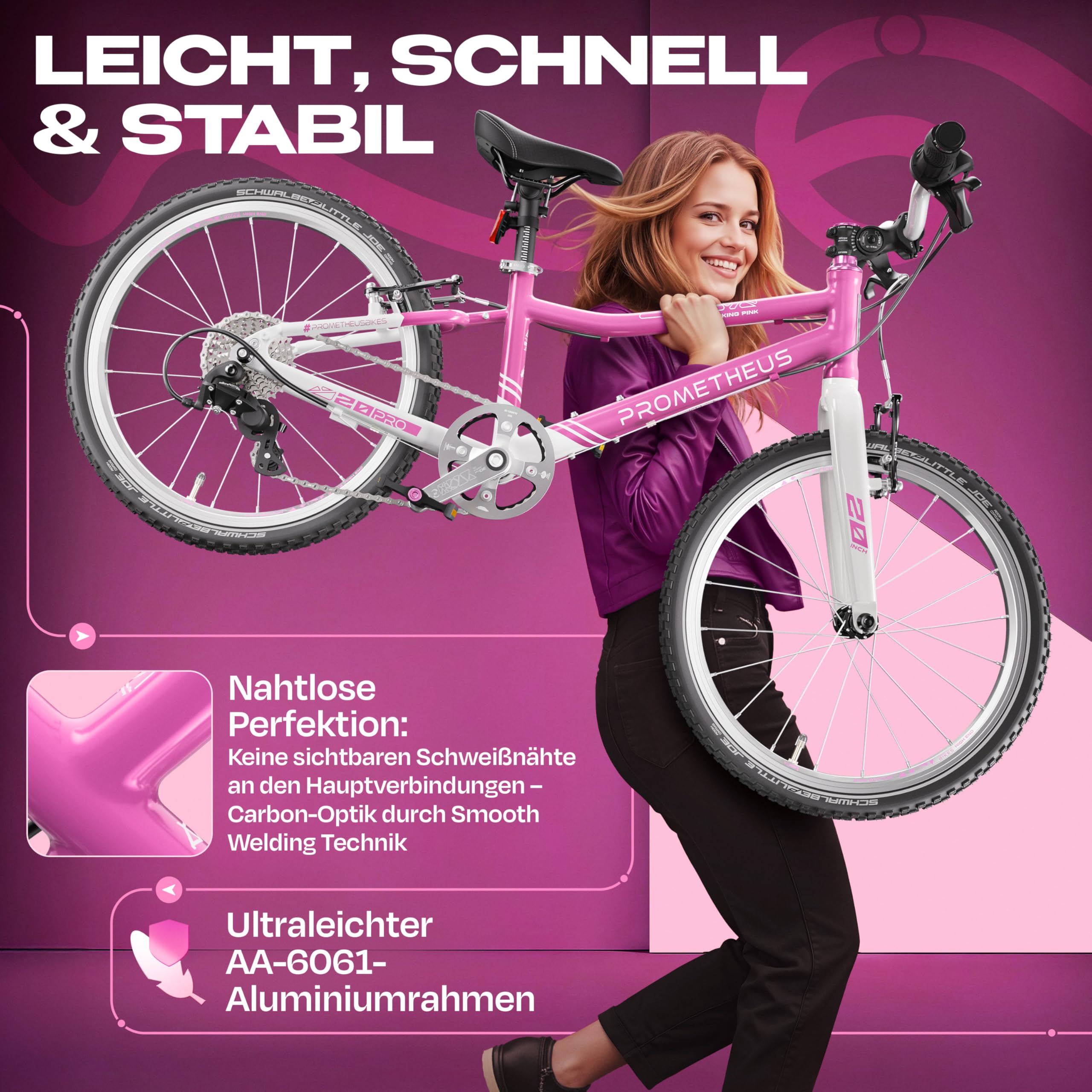 PROMETHEUS BICYCLES PRO Kinderfahrrad 20 Zoll Mädchen | Premium 20 Zoll Fahrrad Mädchen Pink Aluminium Super leicht ab 6 Jahre | 7 Gang Schaltung von Microshift
